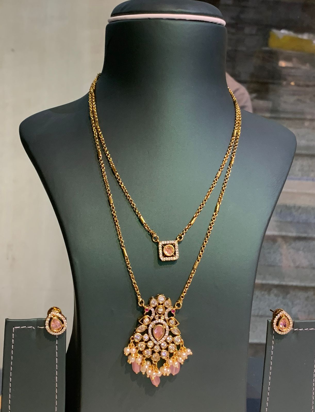 Gold Plated Kundan Multilayer Pendent Chain With Studs - Aloro Jewels