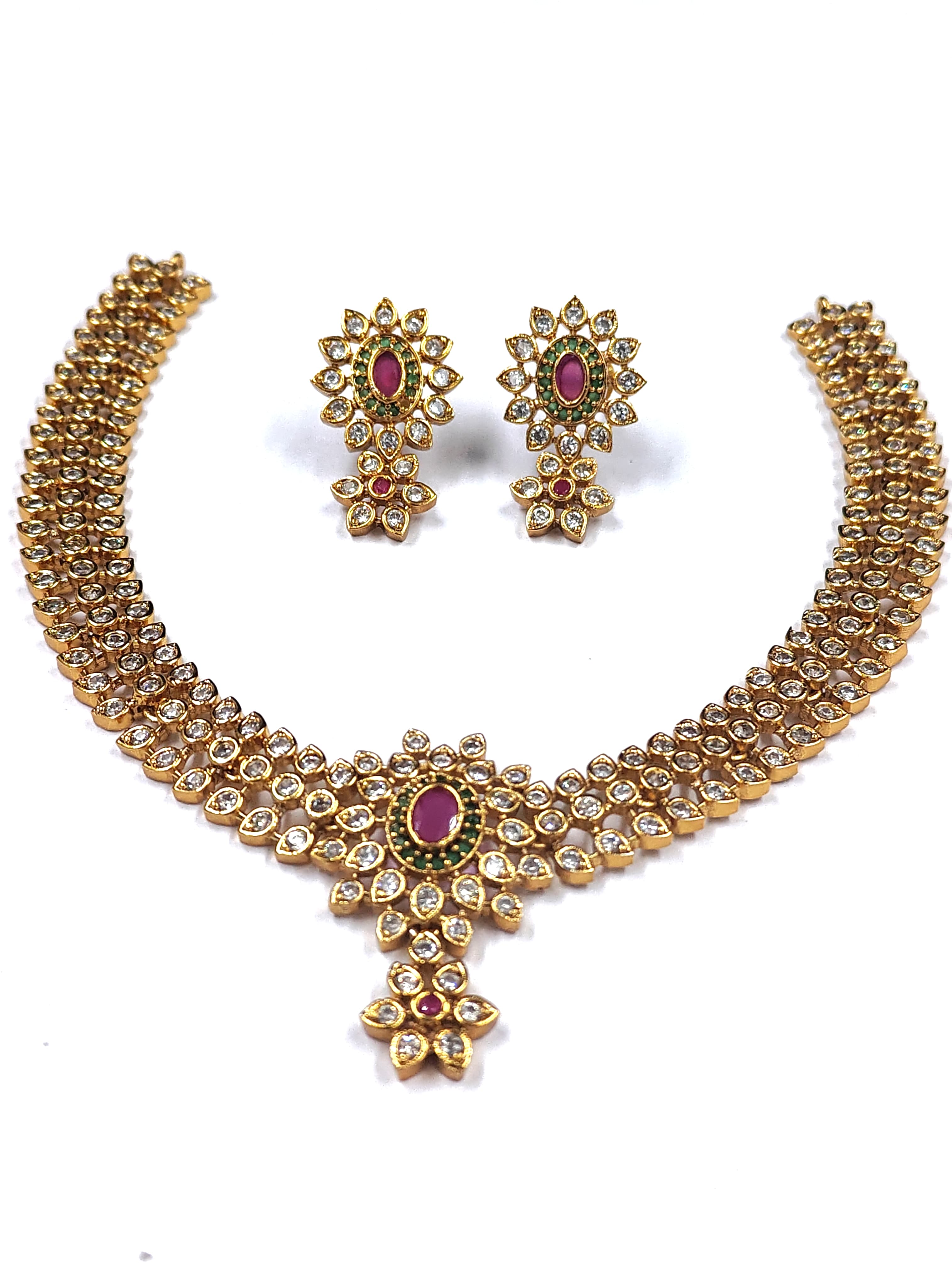 Jadau Necklace With Stud Earrings - Aloro Jewels