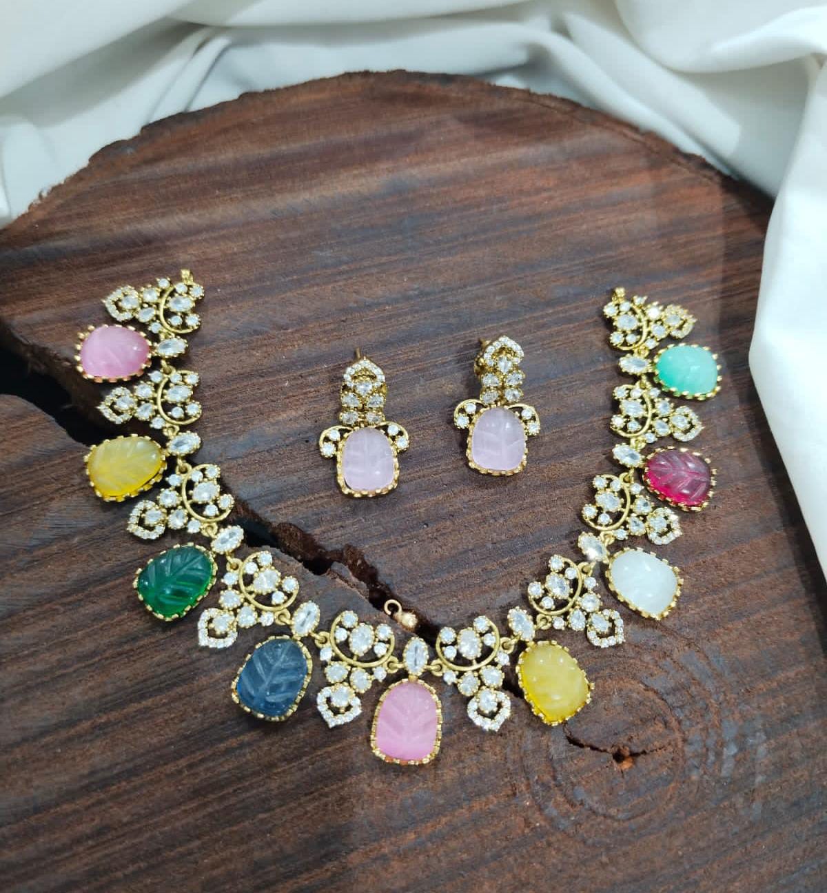 Hand Carved Stone Studded Diamond Necklace - Aloro Jewels