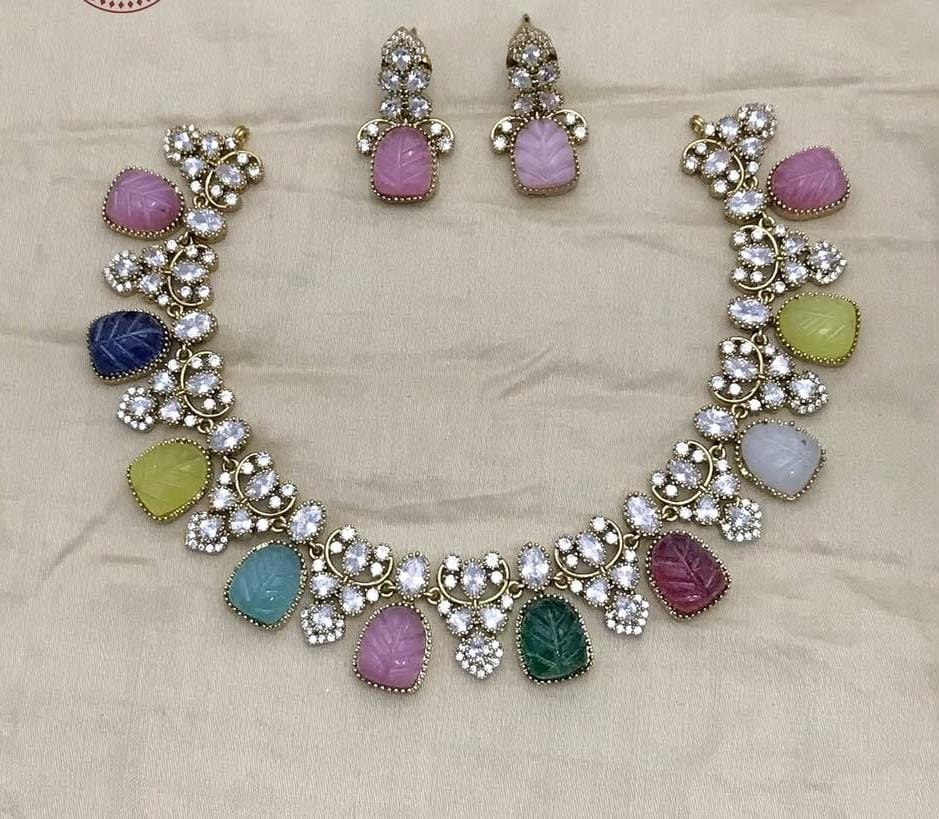 Hand Carved Stone Studded Diamond Necklace - Aloro Jewels
