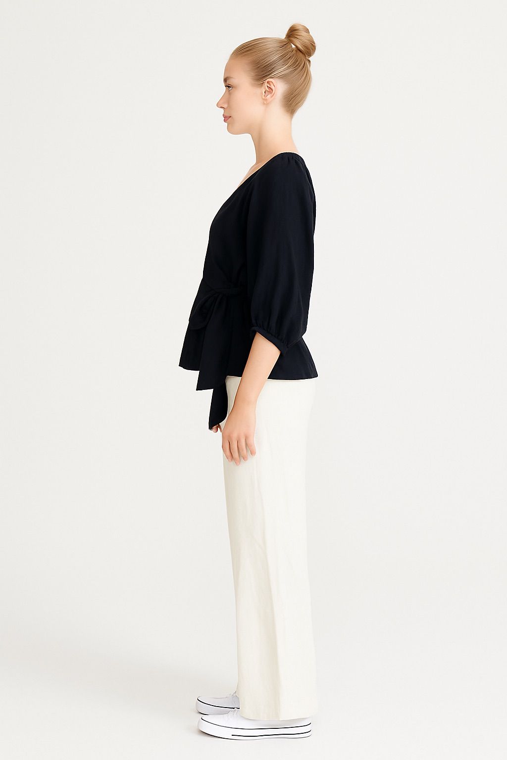 Classic Black Wrap Blouse with Puff Sleeves - Meemseen Independent