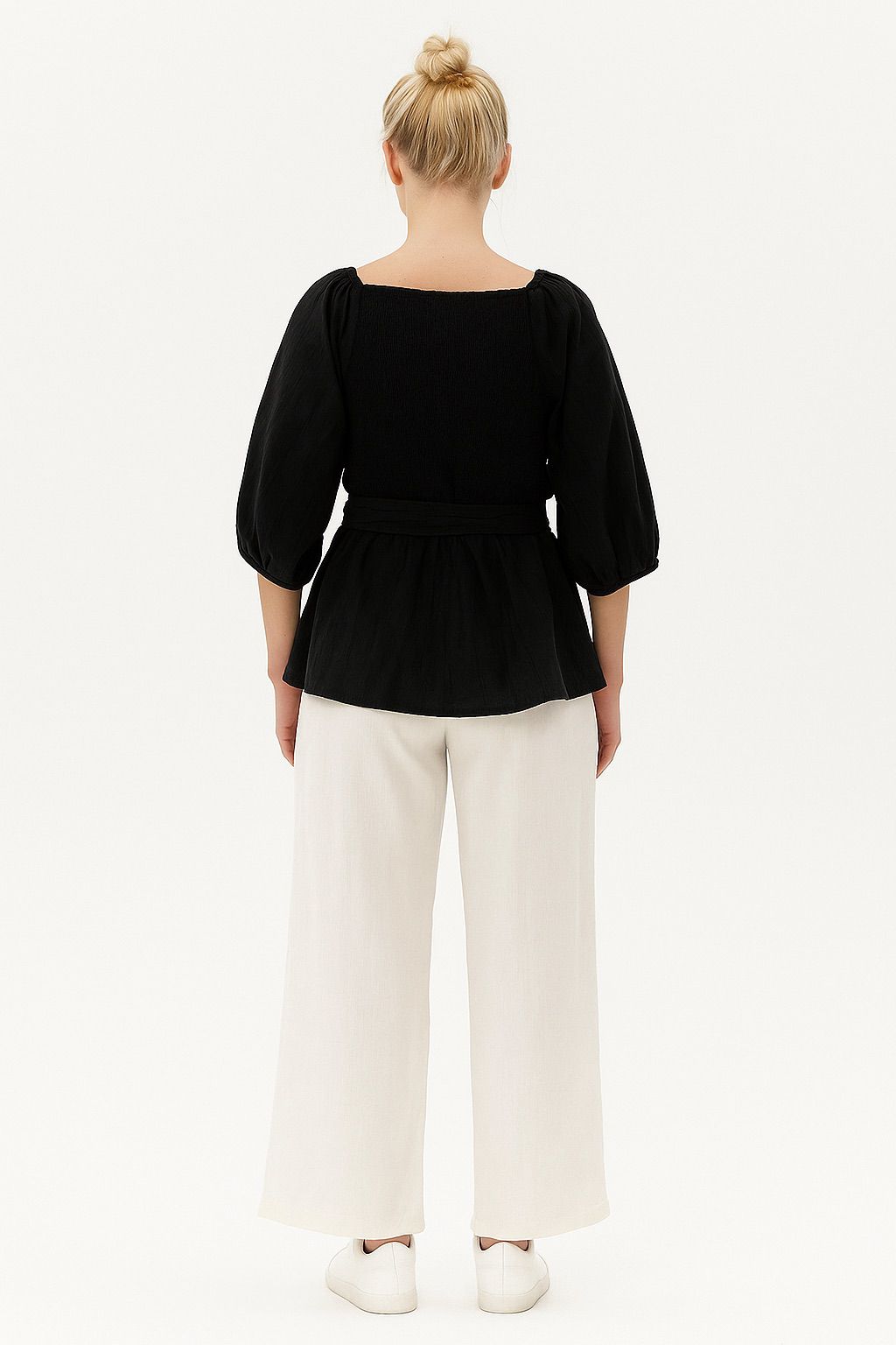 Classic Black Wrap Blouse with Puff Sleeves - Meemseen Independent