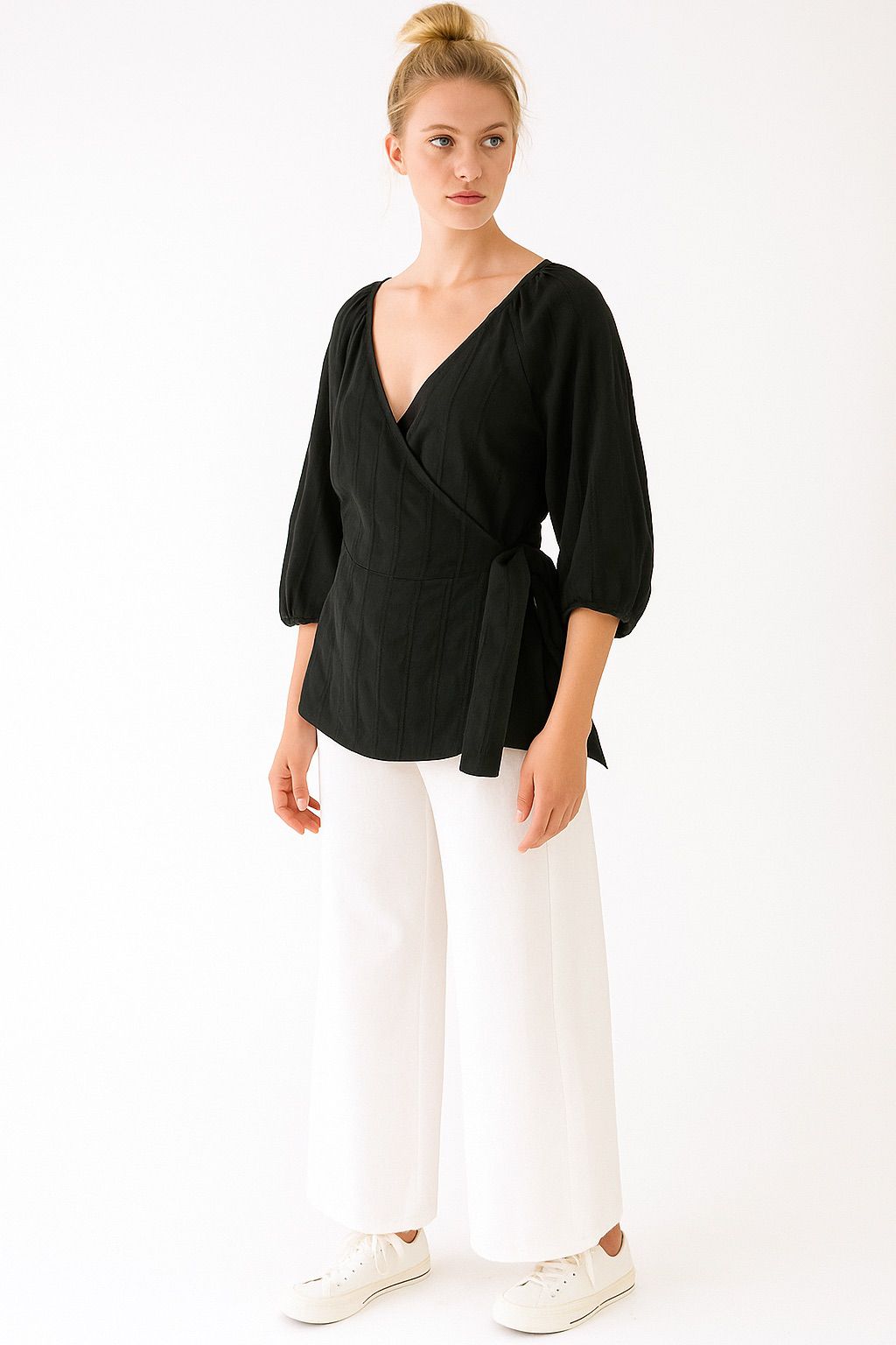 Classic Black Wrap Blouse with Puff Sleeves - Meemseen Independent