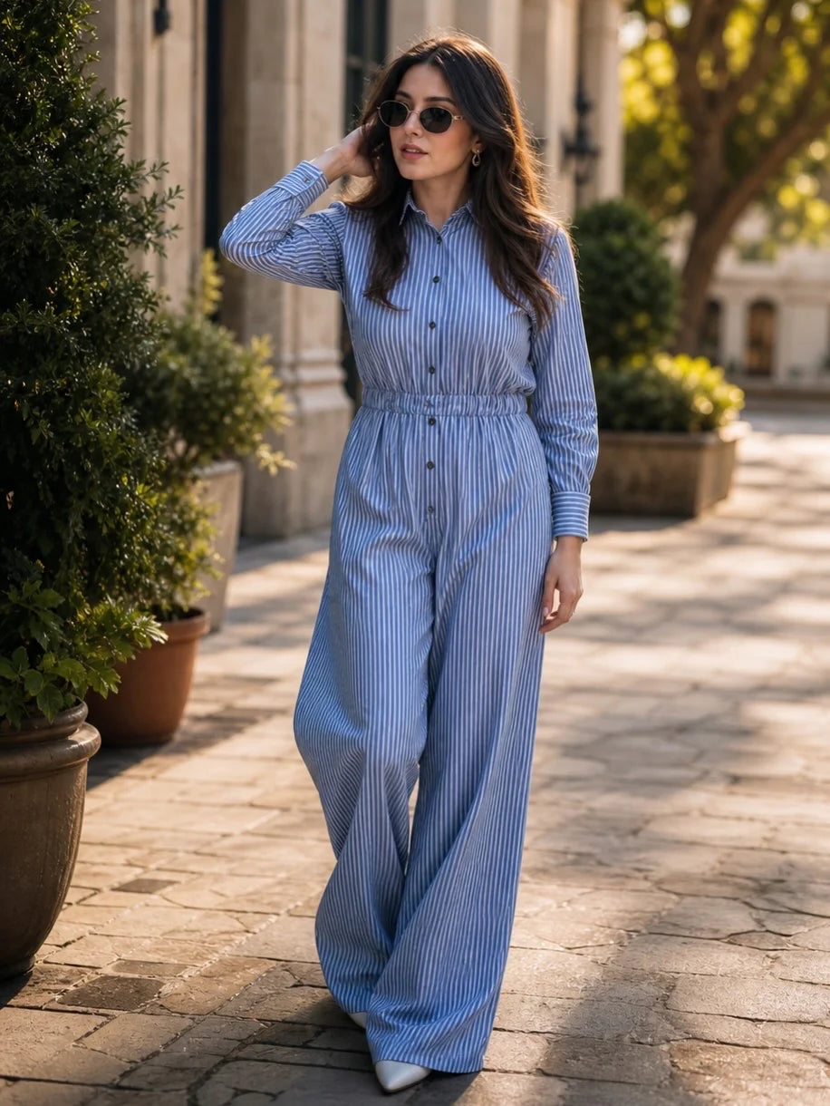 Breezy Blue Striped Jumpsuit - Velora