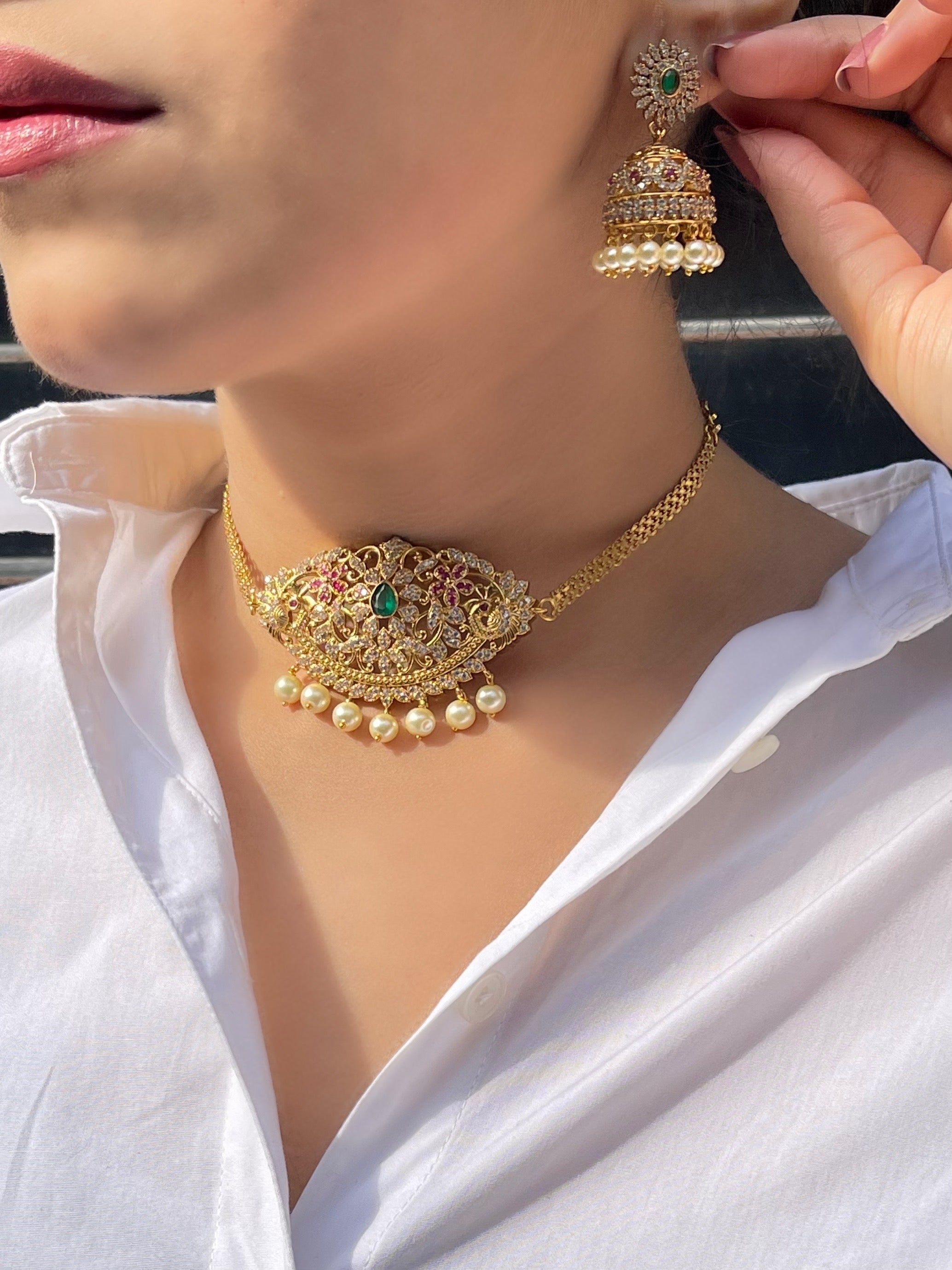 Gul Choker Necklace With Jhumki - Aloro Jewels