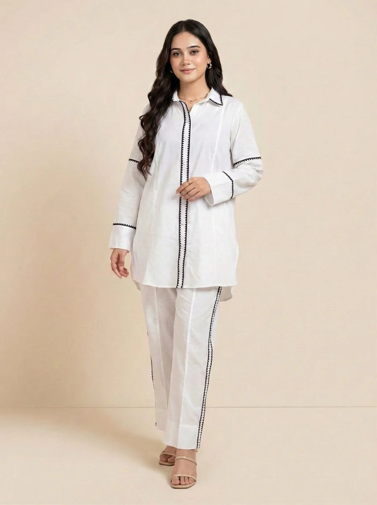 Women 2 Piece Coord Set White With Contrast Detailing - Urban Cut