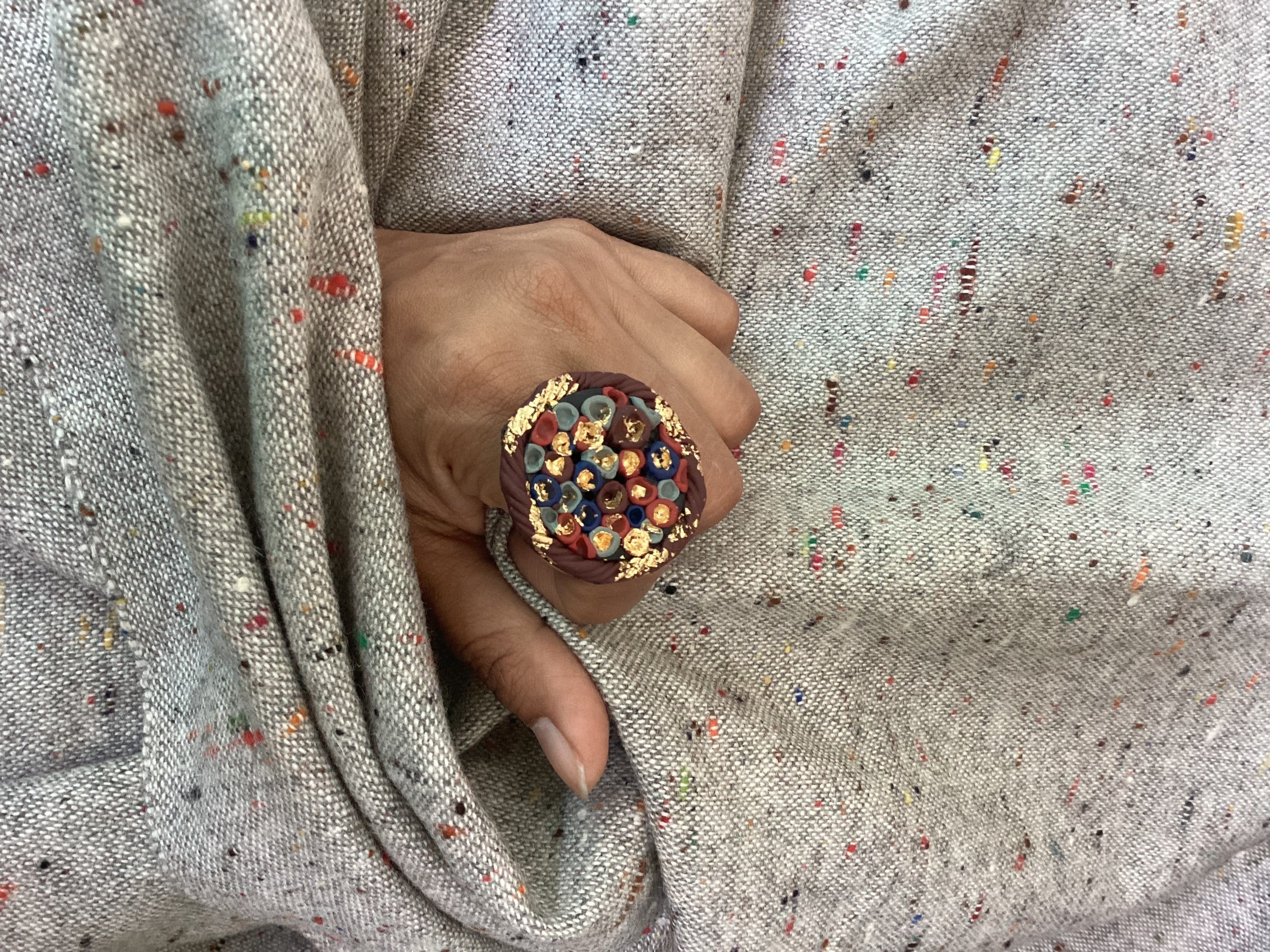 Round gold leaf emded Ring - Clay Boutique