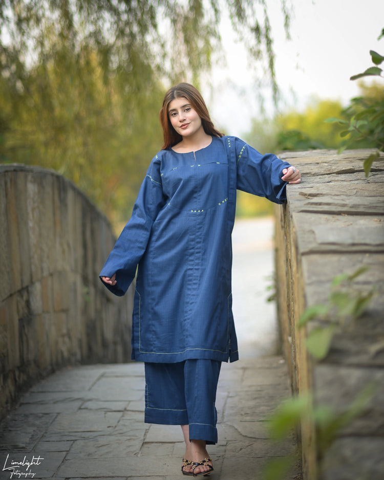 2 Piece Hand Embroidered - Cotton Textured - Co-Ord Set - Urban Cut