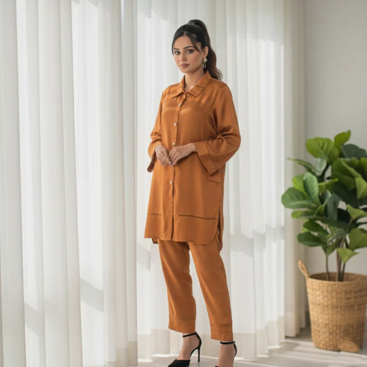 2 Piece Cotton Satin Embellished  Co- Ord Set