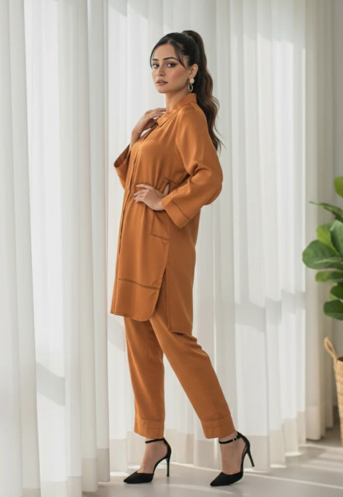 2 Piece Cotton Satin Embellished  Co- Ord Set