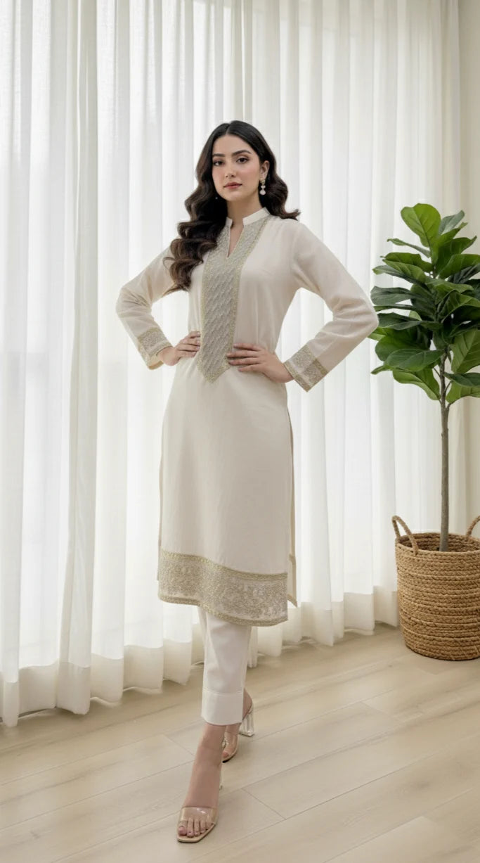 2 Piece Cotton Sequence Embroidered Suit