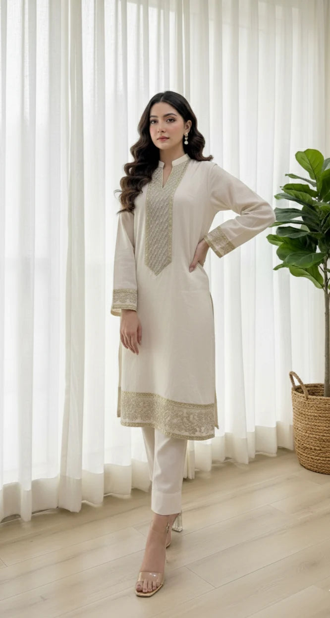 2 Piece Cotton Sequence Embroidered Suit