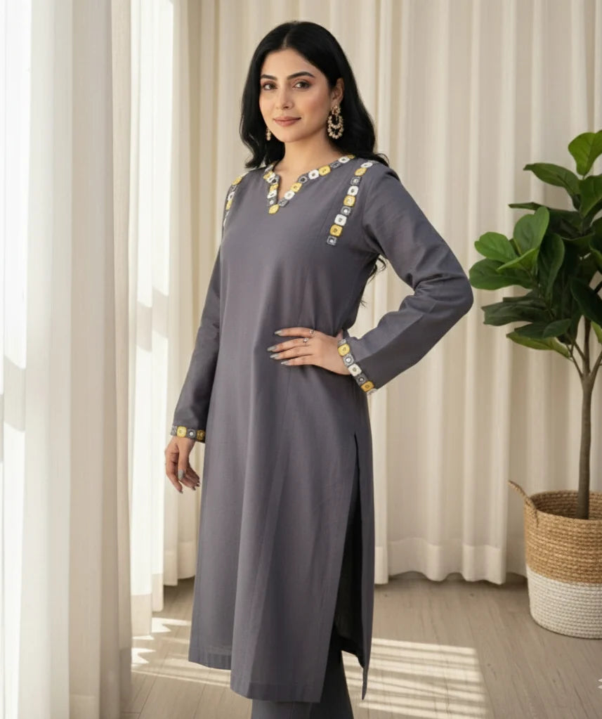 2 Piece Yarn Dyed Cotton  Chambray Suit with Mirror/Anchor work