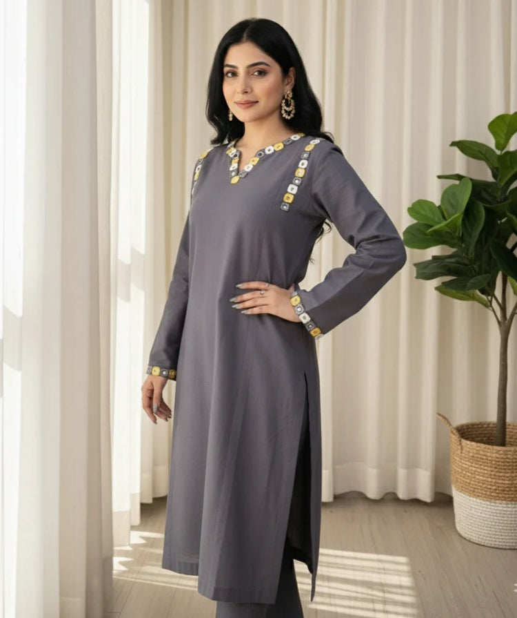 2 Piece Yarn Dyed Cotton  Chambray Suit With Mirror/Anchor Work - Urban Cut