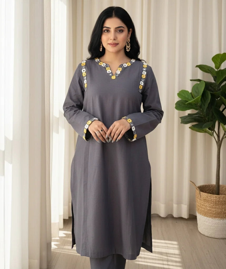 2 Piece Yarn Dyed Cotton  Chambray Suit with Mirror/Anchor work