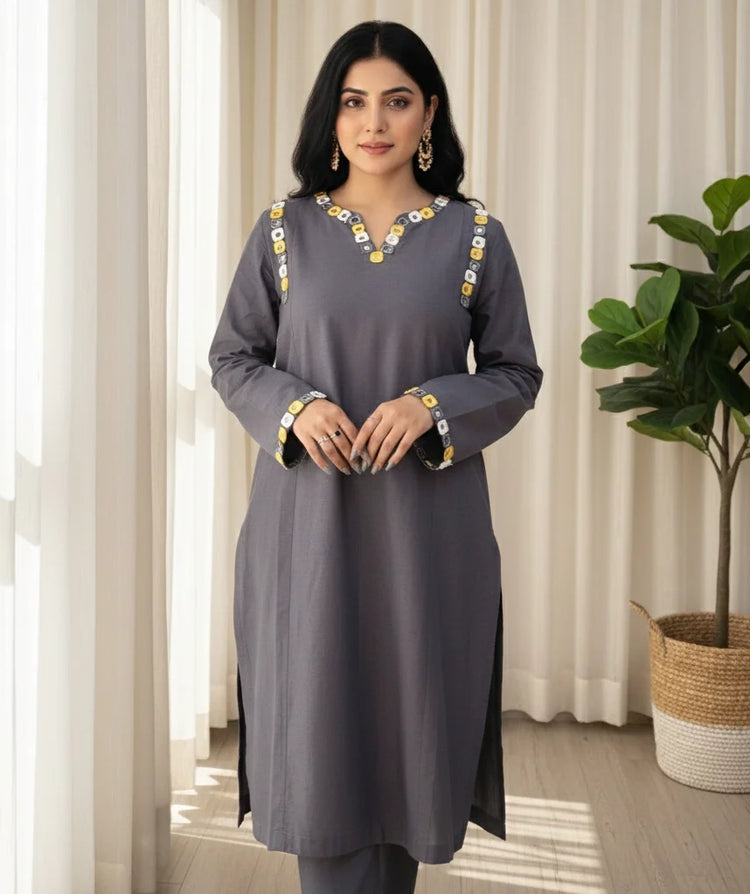 2 Piece Yarn Dyed Cotton  Chambray Suit With Mirror/Anchor Work - Urban Cut