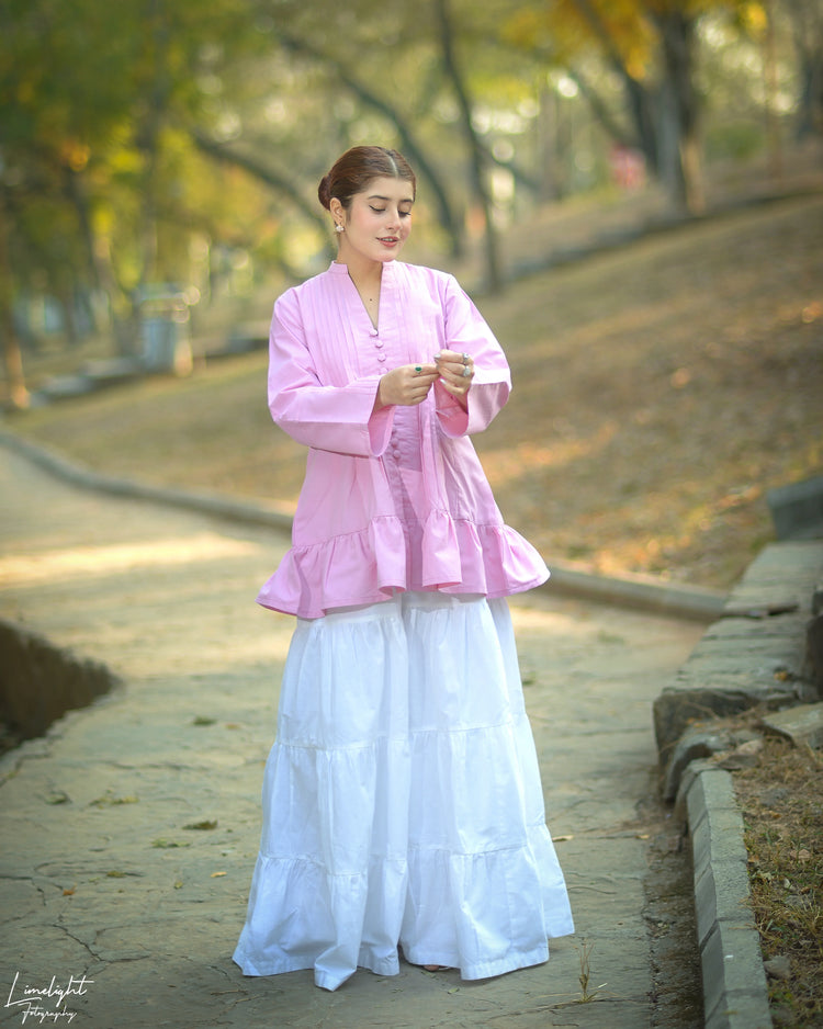 Solid Cotton Pleated Kurti With Fabric Buttons - Urban Cut