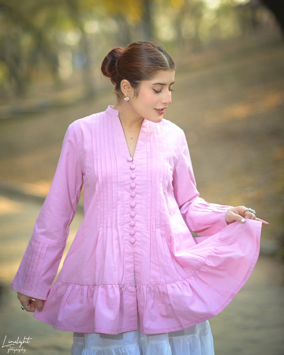 Solid Cotton Pleated Kurti With Fabric Buttons - Urban Cut