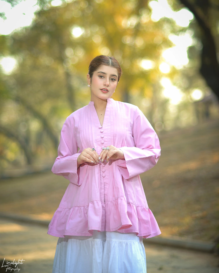 Solid Cotton Pleated Kurti With Fabric Buttons - Urban Cut