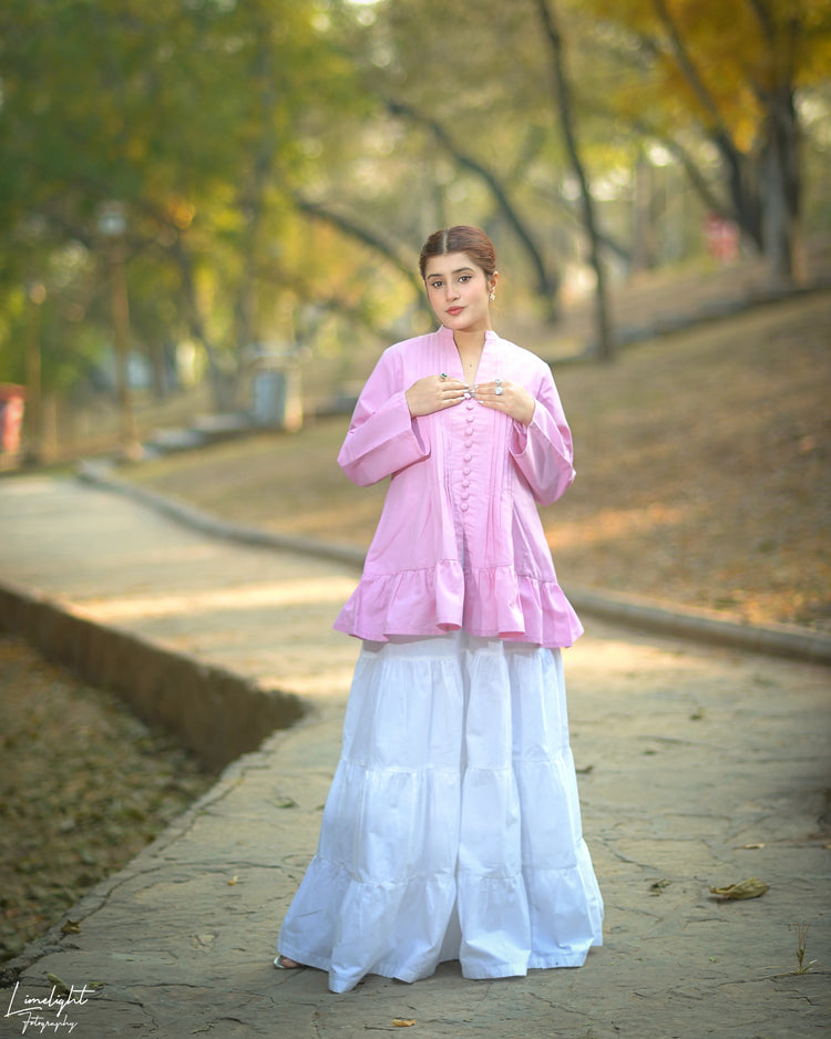 Solid Cotton Pleated Kurti With Fabric Buttons - Urban Cut
