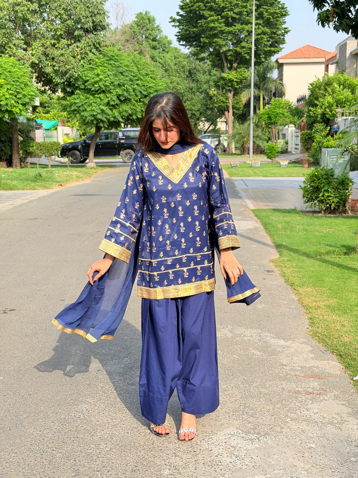 2 Piece Navy Embellished Farshi Co-Ord Set - Urban Cut