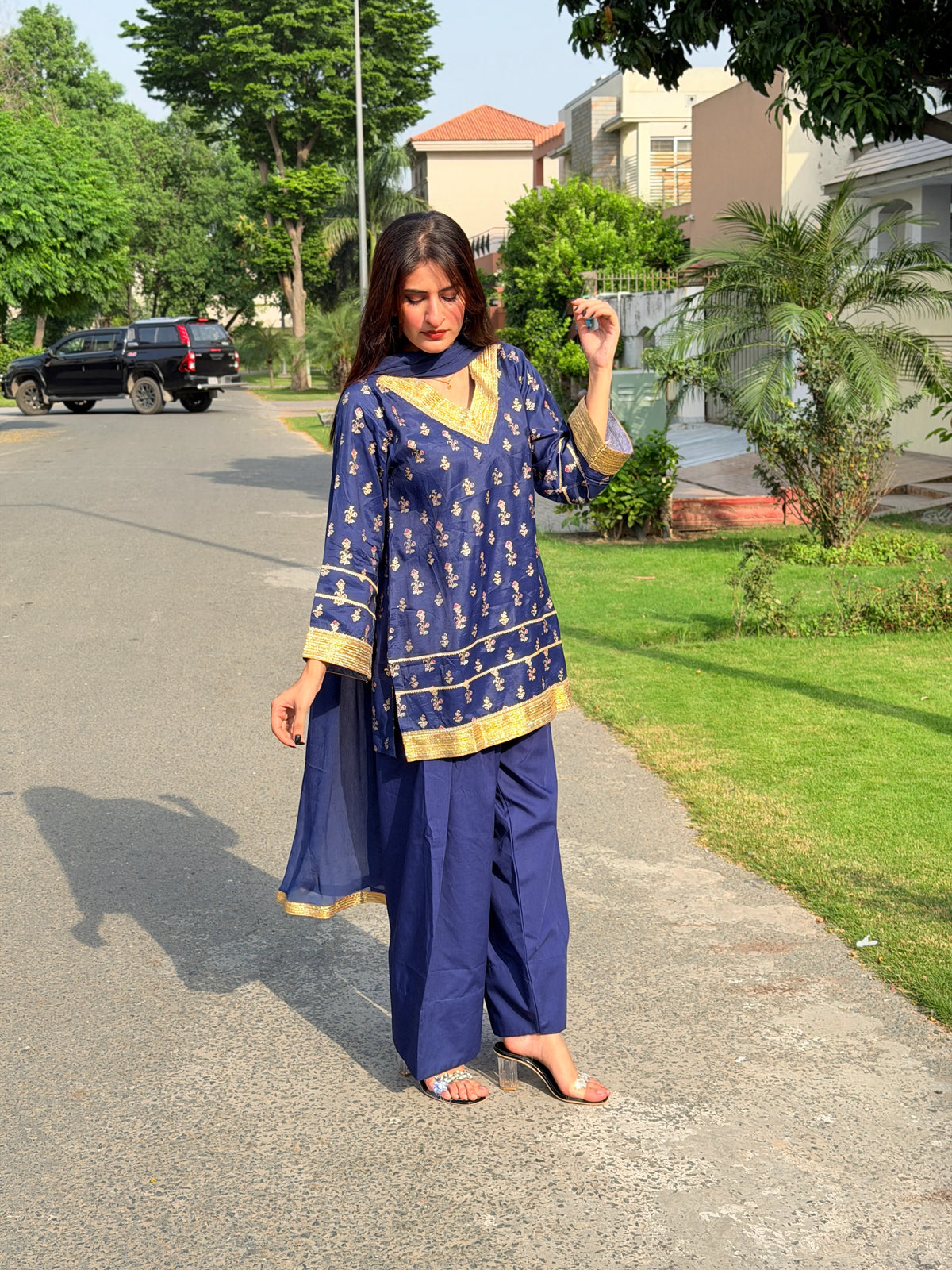 2 Piece Navy Embellished Farshi Co-Ord Set - Urban Cut