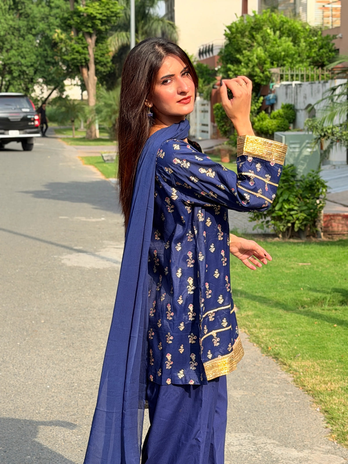 2 Piece Navy Embellished Farshi Co-Ord Set - Urban Cut
