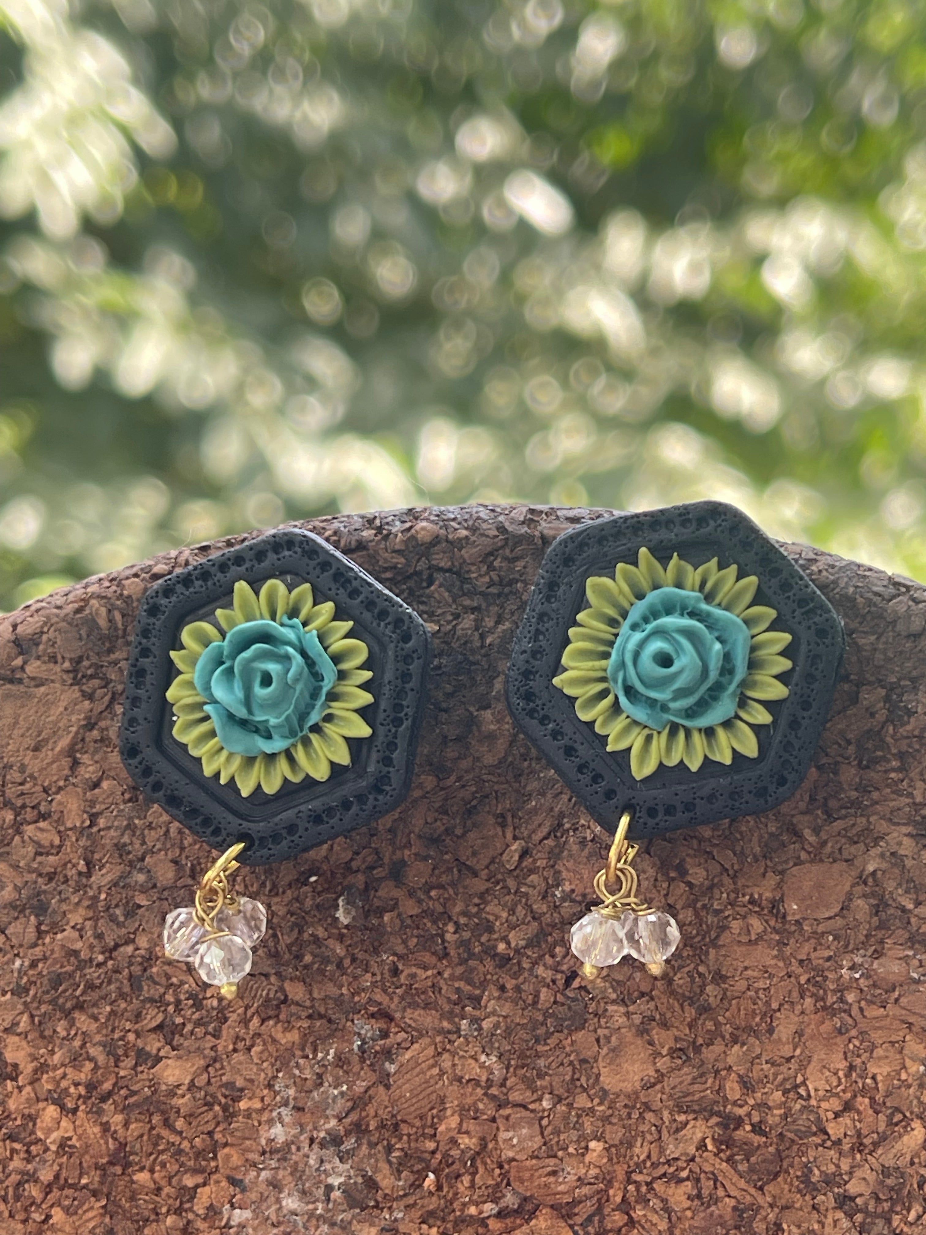 Hexagonal floral Earings - Clay Boutique