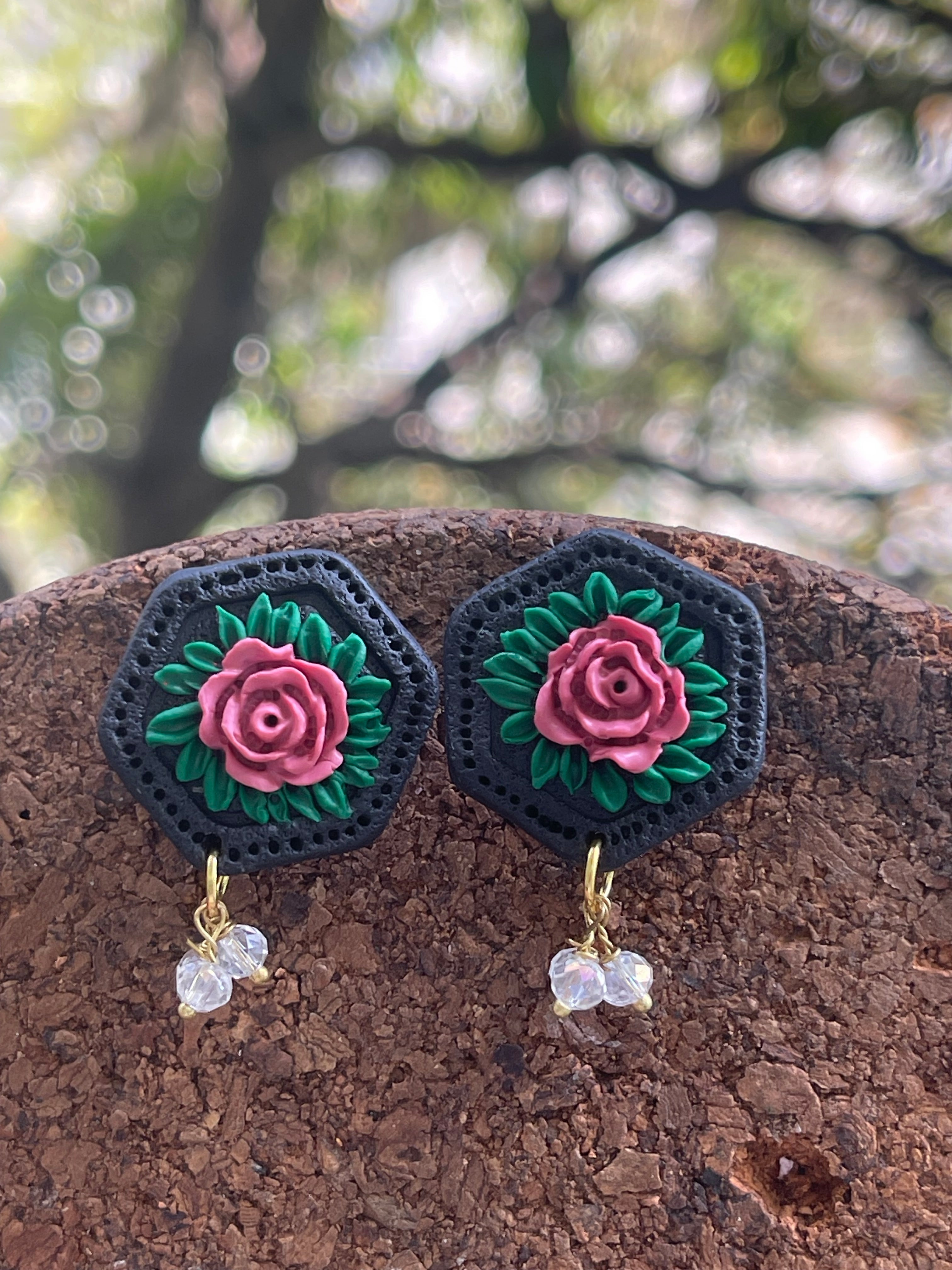 Hexagonal floral Earings - Clay Boutique