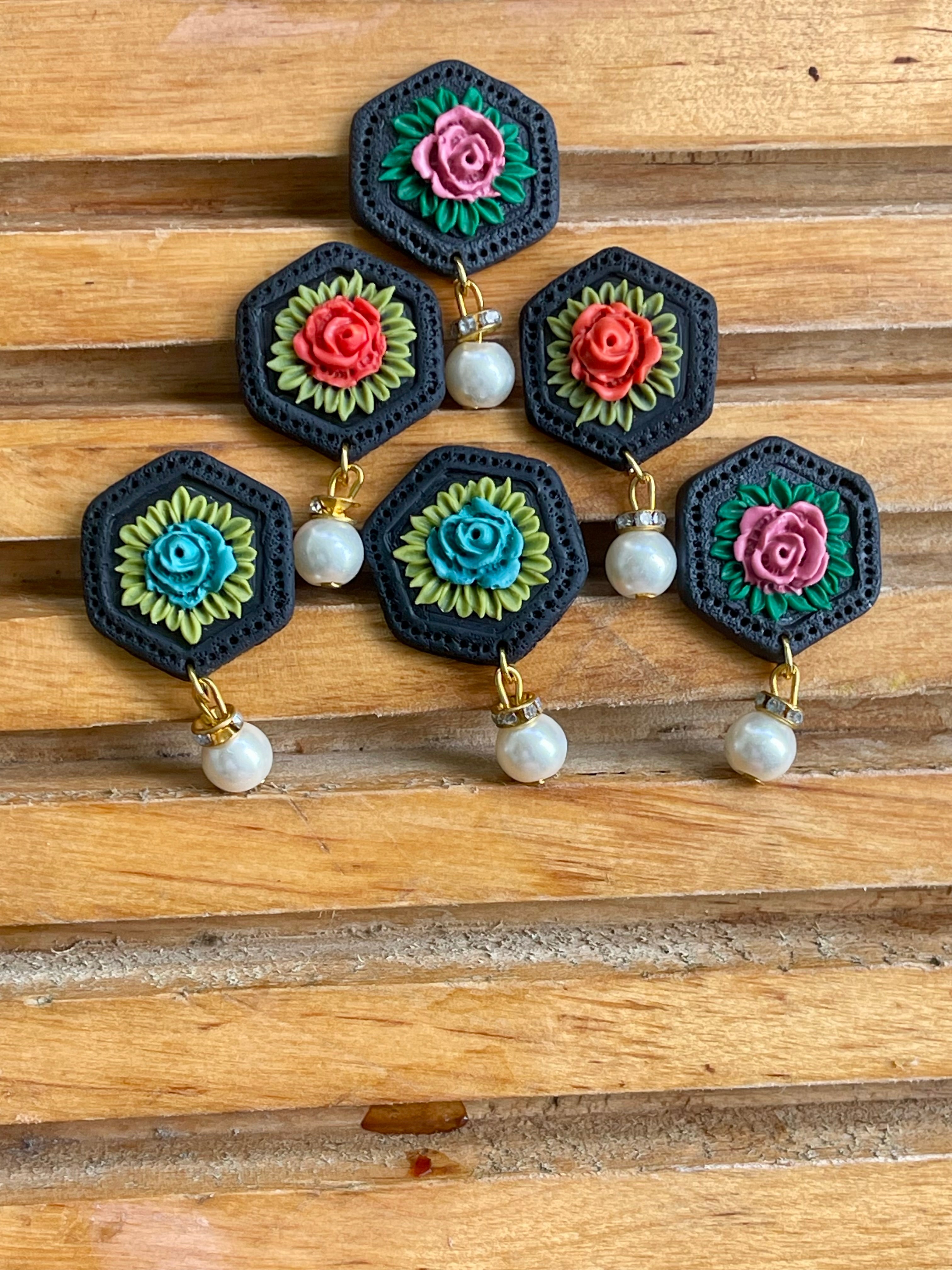 Hexagonal floral Earings - Clay Boutique