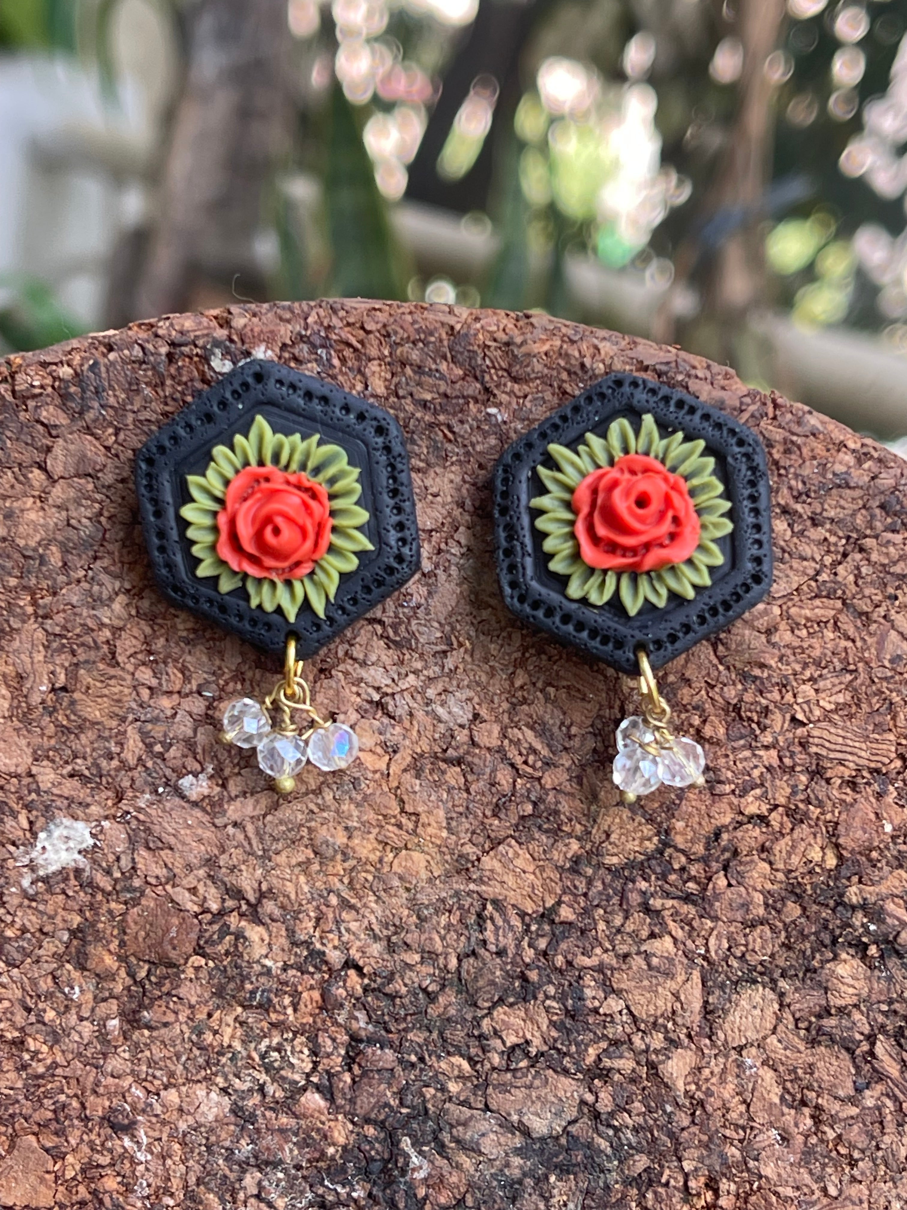 Hexagonal floral Earings - Clay Boutique