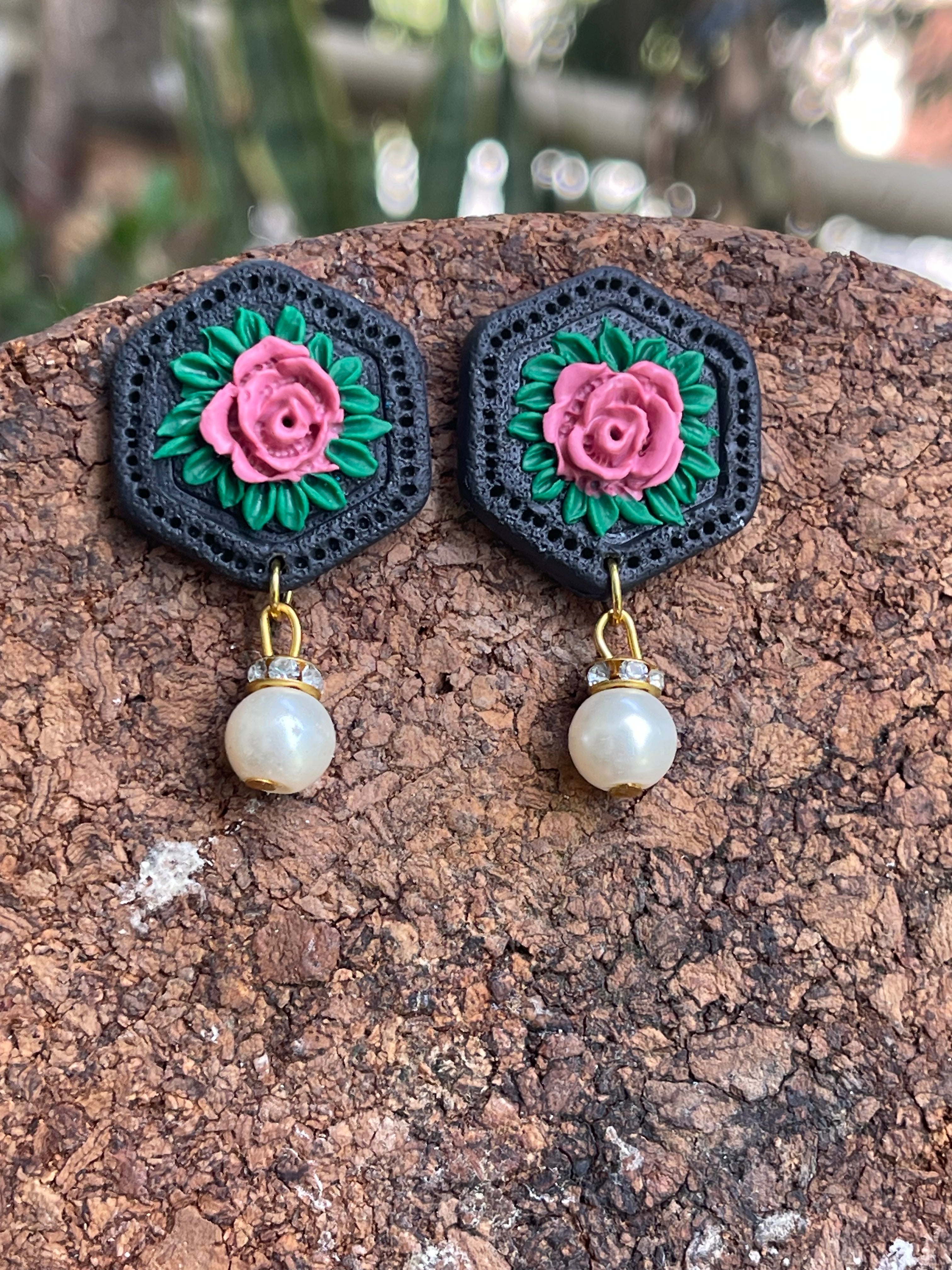 Hexagonal floral Earings - Clay Boutique