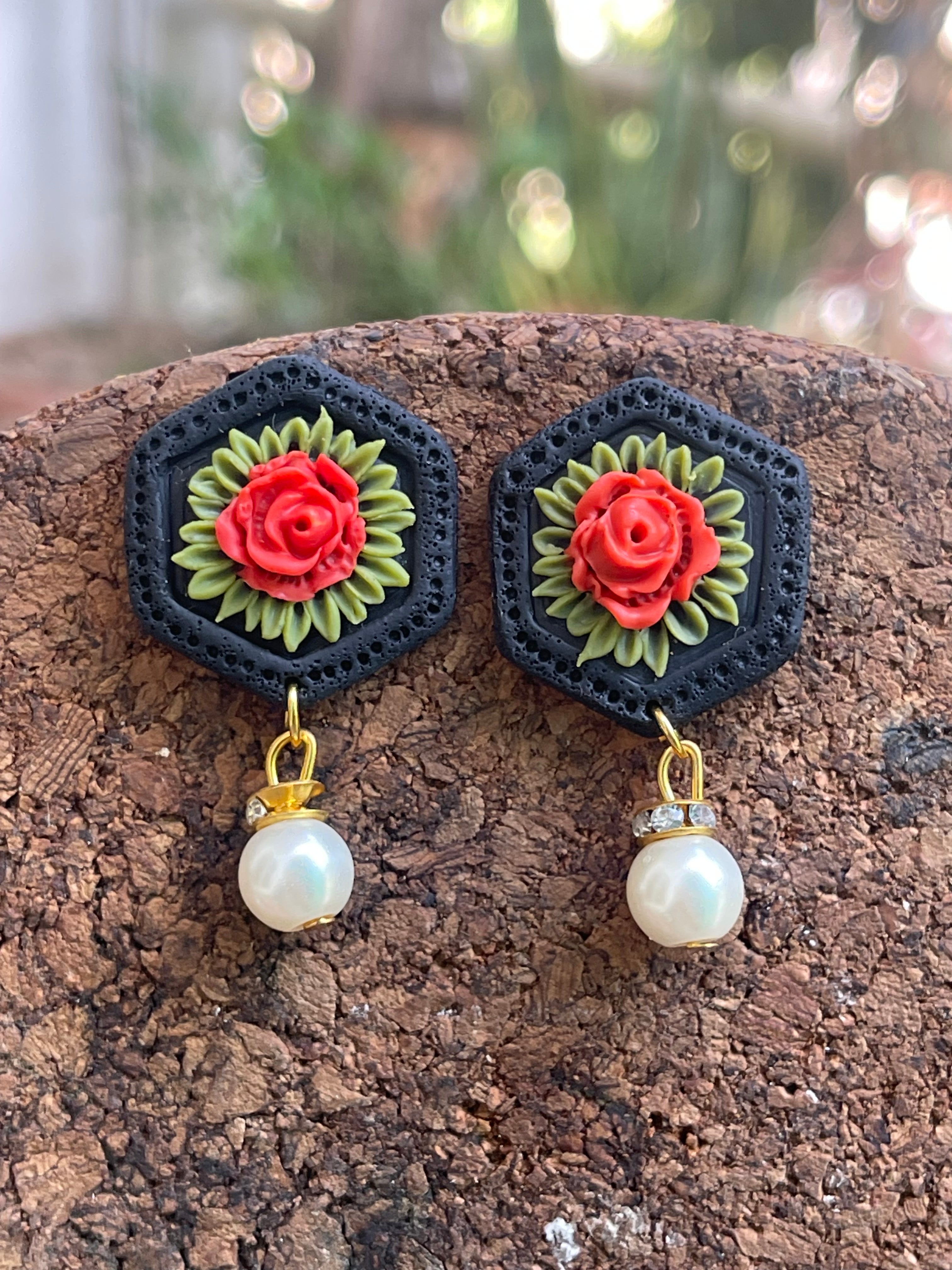 Hexagonal floral Earings - Clay Boutique