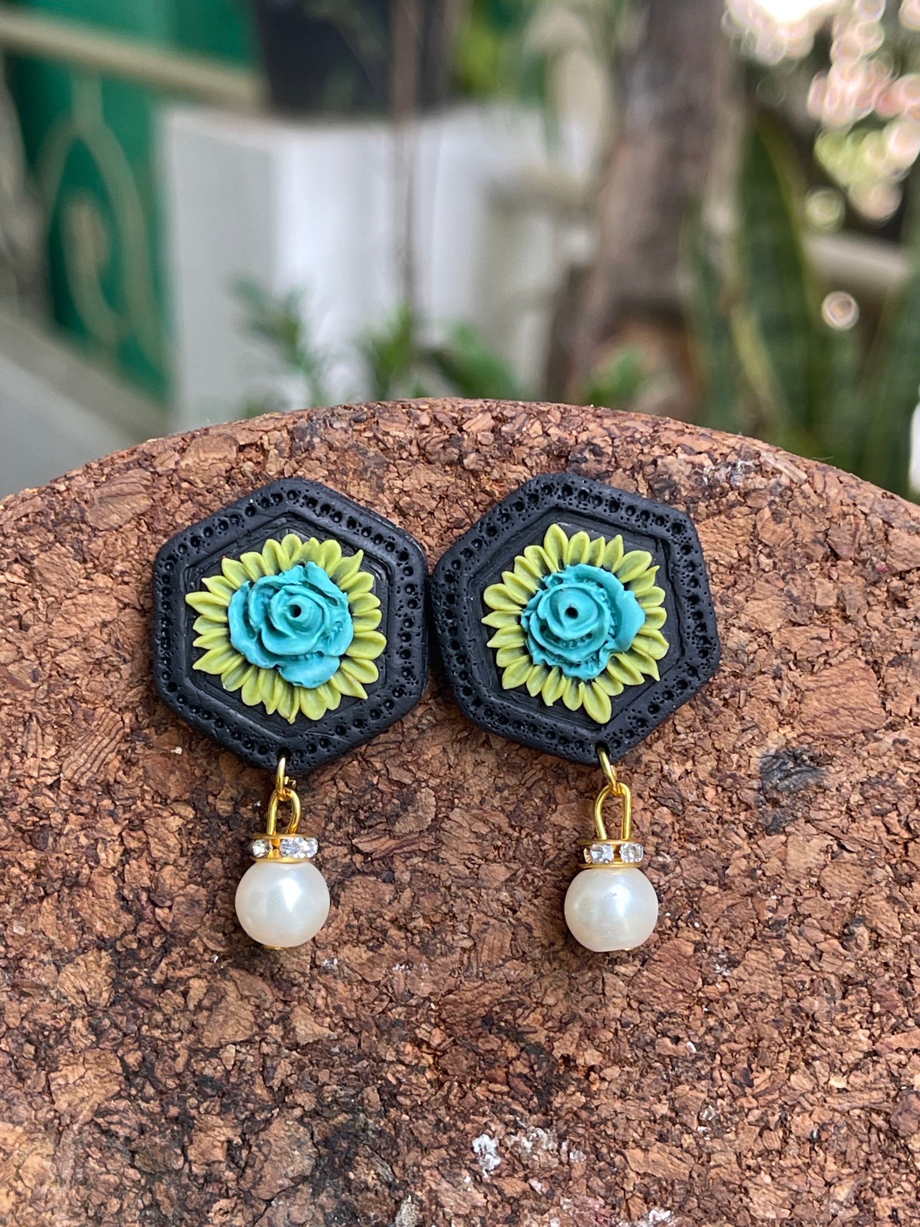 Hexagonal floral Earings - Clay Boutique