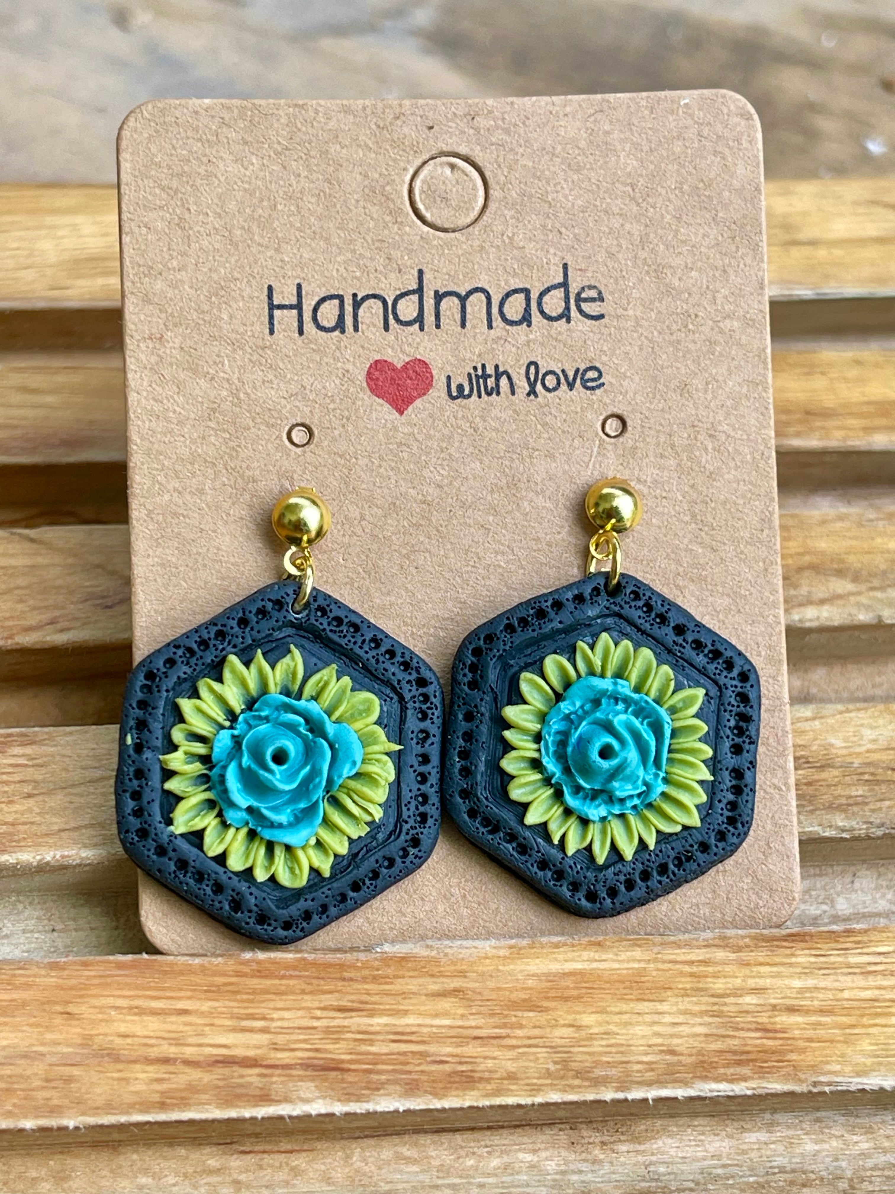 Hexagonal floral Earings - Clay Boutique