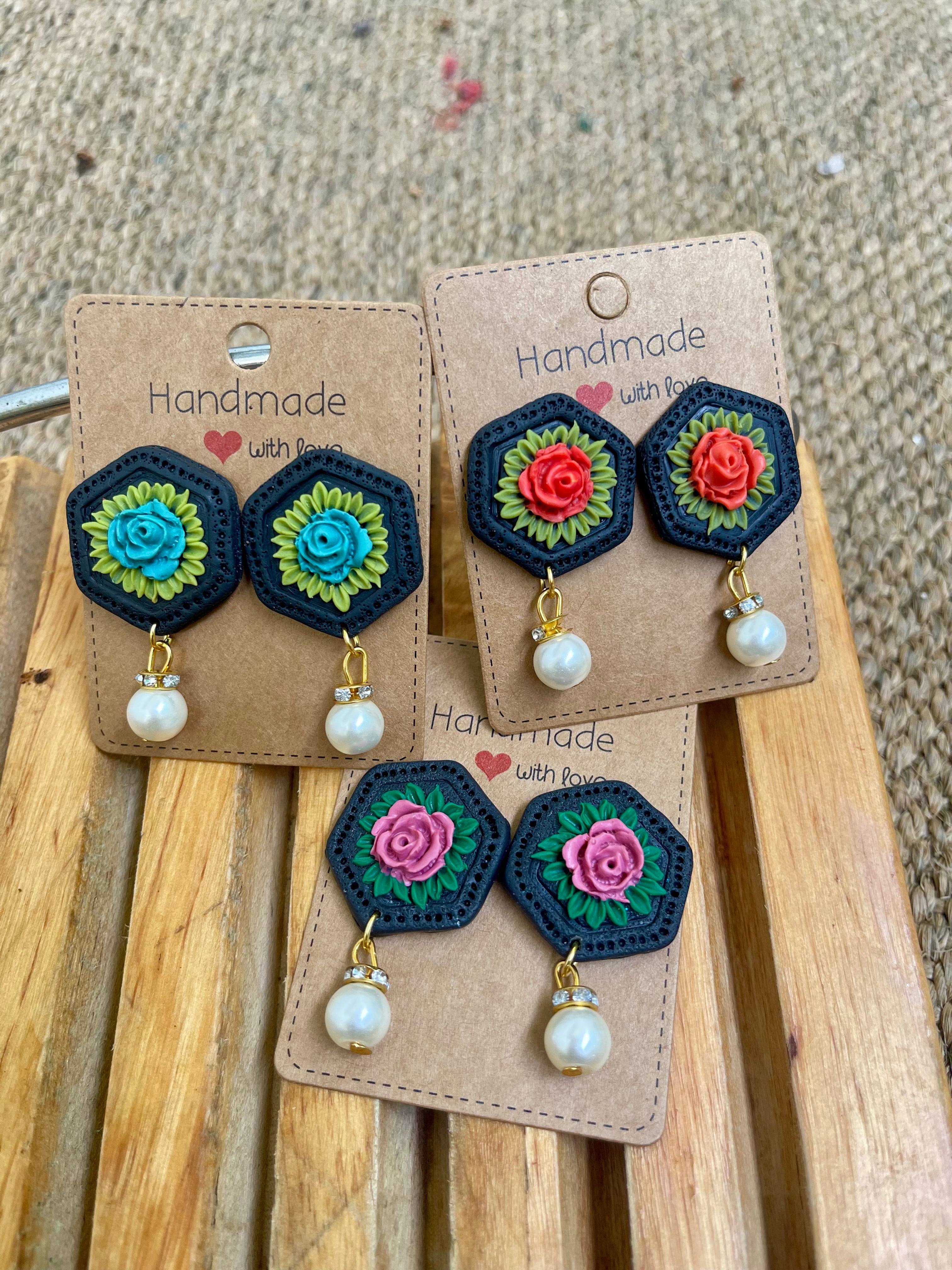 Hexagonal floral Earings - Clay Boutique