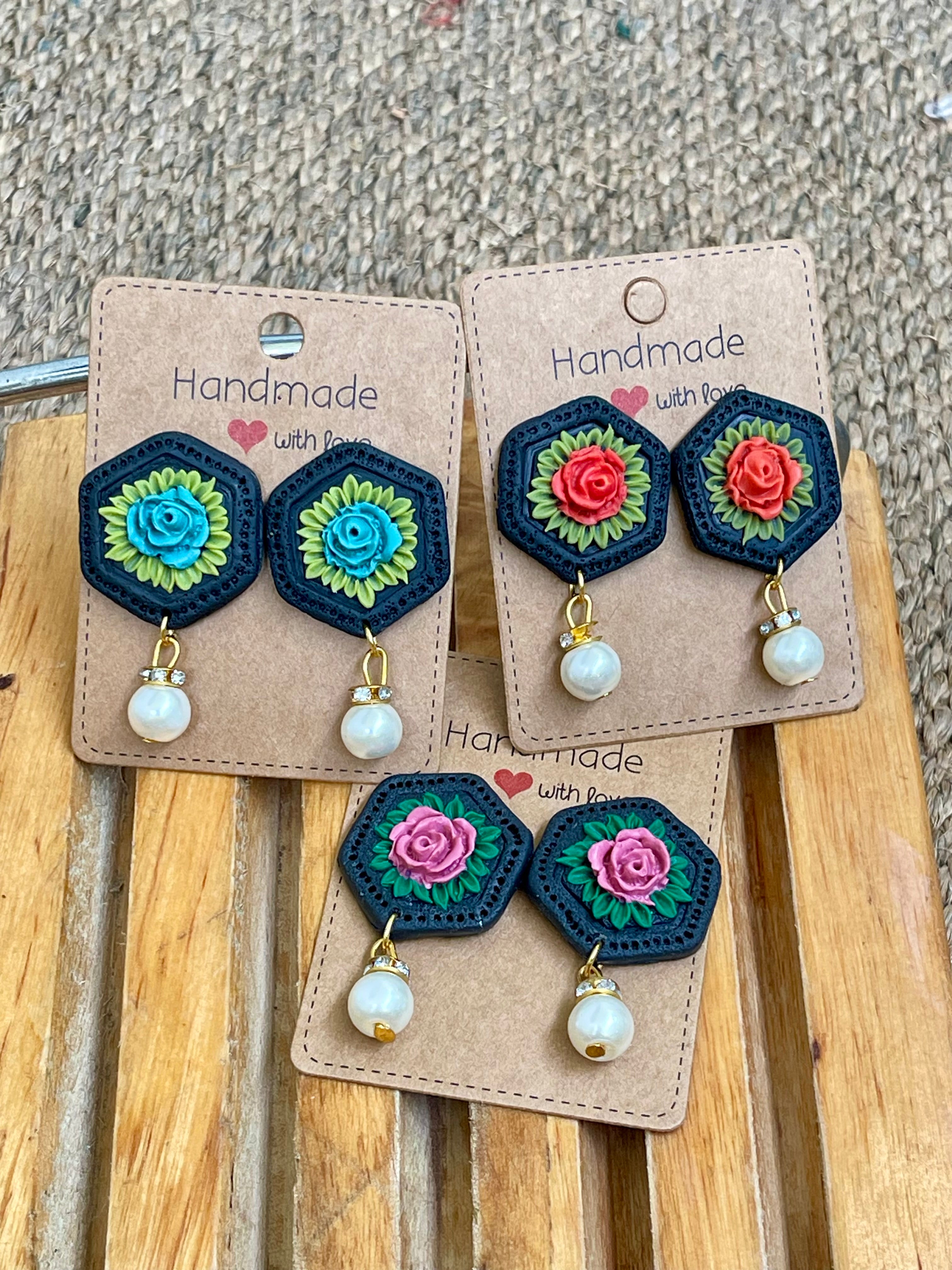 Hexagonal floral Earings - Clay Boutique
