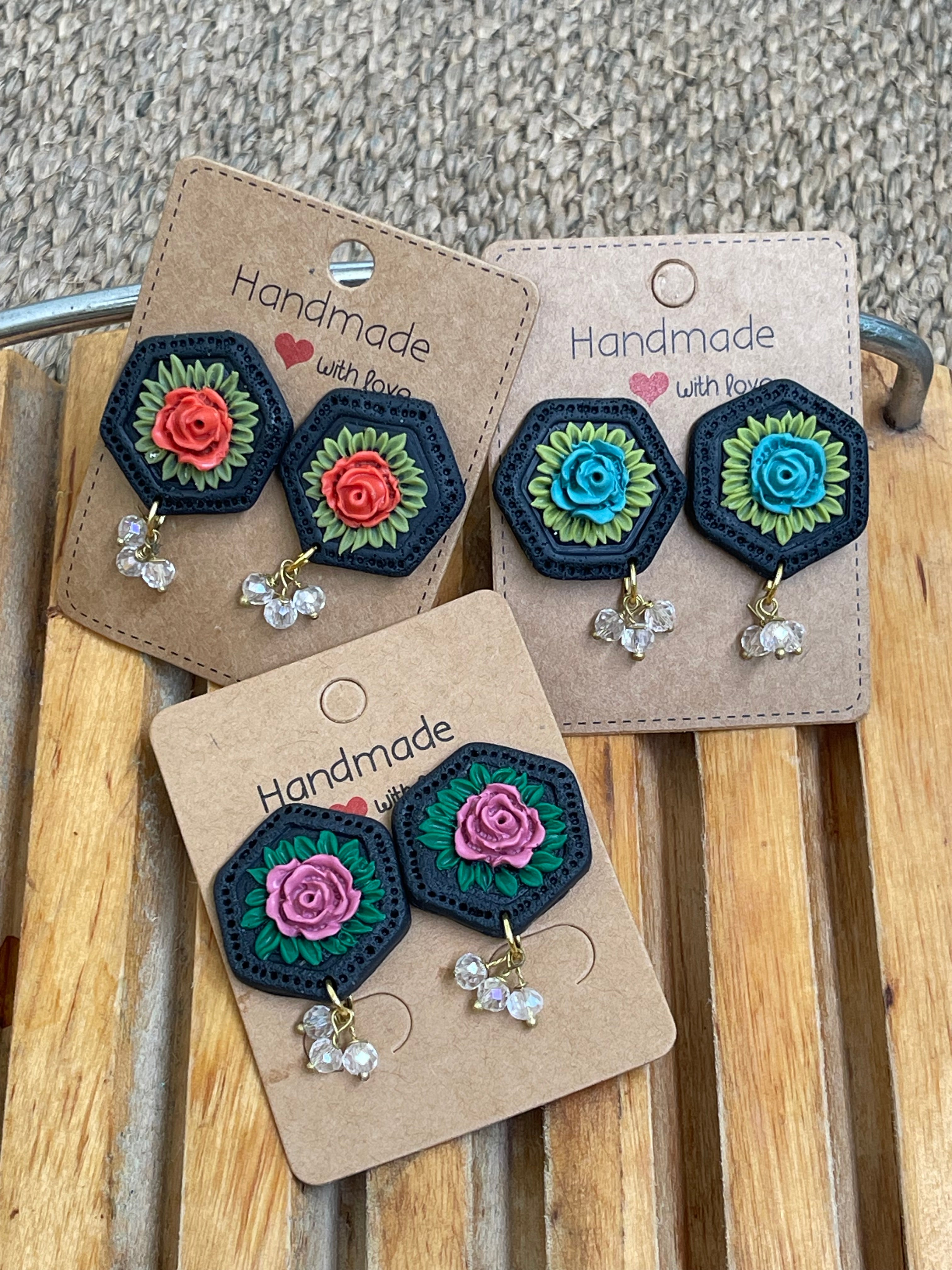 Hexagonal floral Earings - Clay Boutique