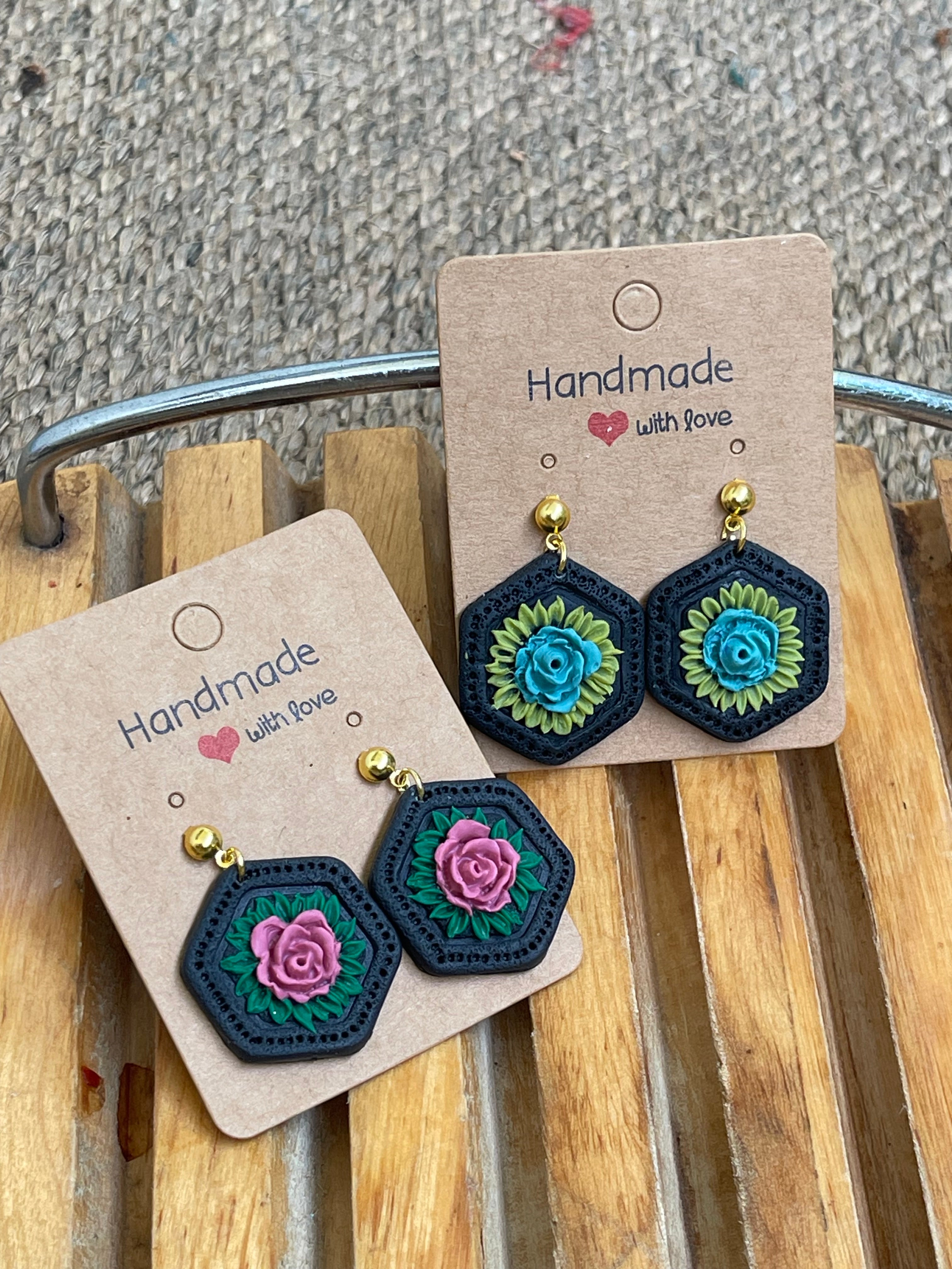 Hexagonal floral Earings - Clay Boutique