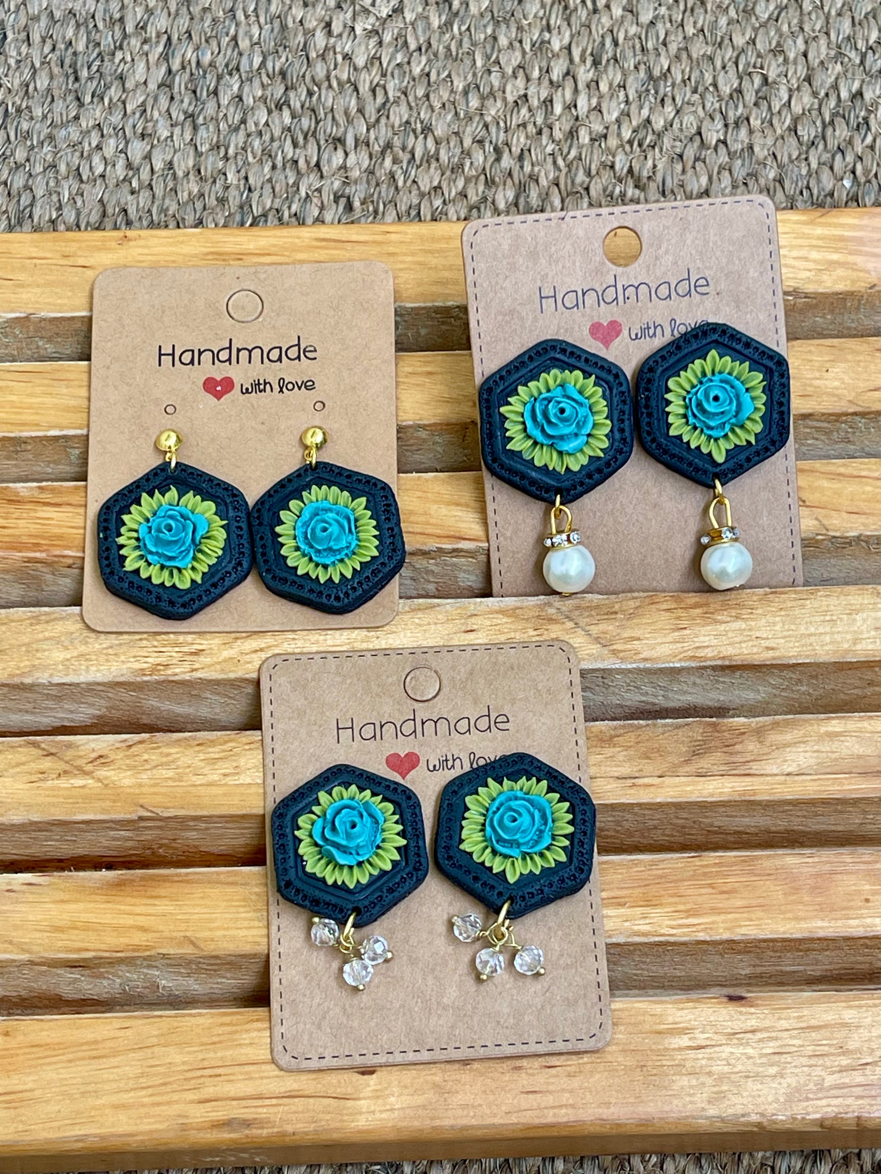 Hexagonal floral Earings - Clay Boutique