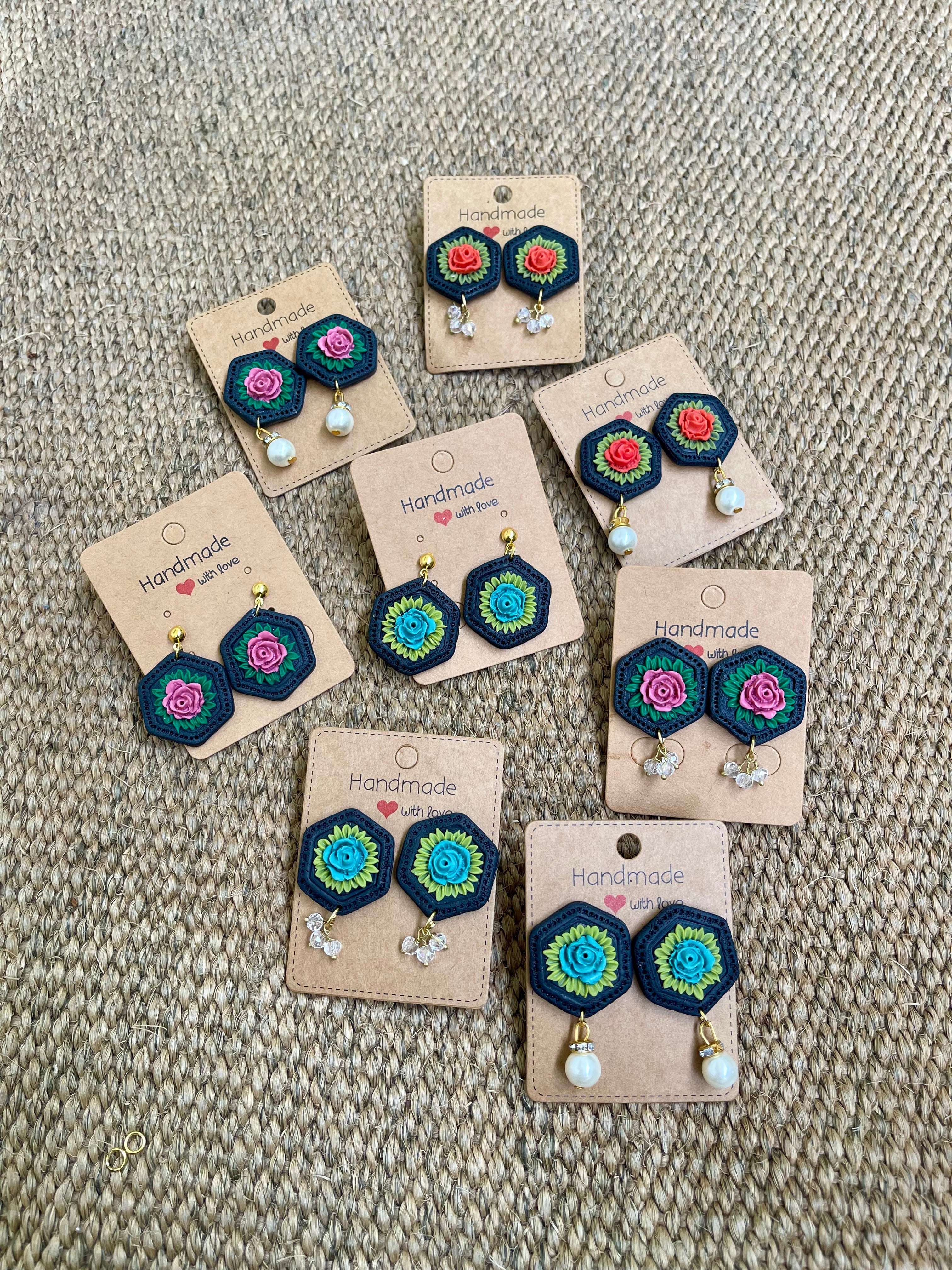 Hexagonal floral Earings - Clay Boutique