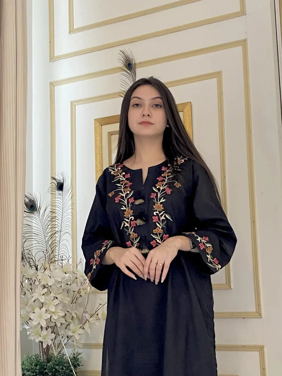 Black Embroidered Kurti Multi-Colored & Trendy 1 Piece