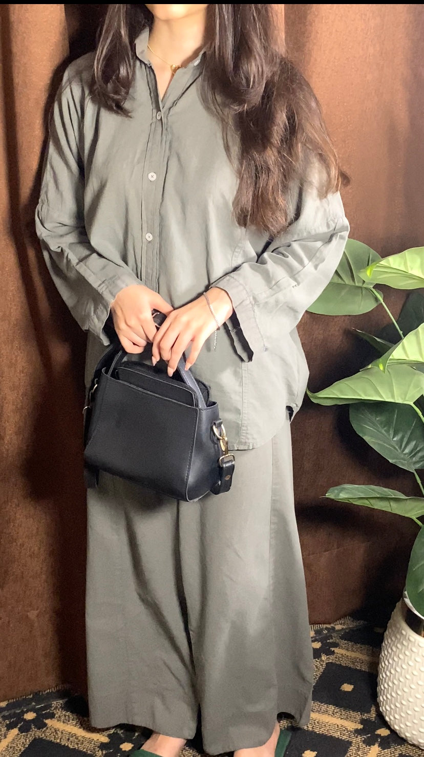 Garment-Dyed Cotton Co-Ord Set Oversized Shirt & Wide Pants - Urban Cut