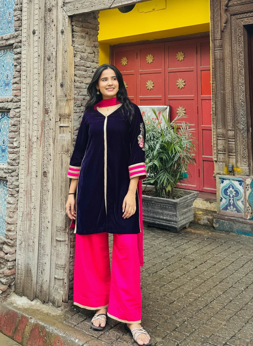 2-Piece Velvet Suit  with Raw Silk Trouser