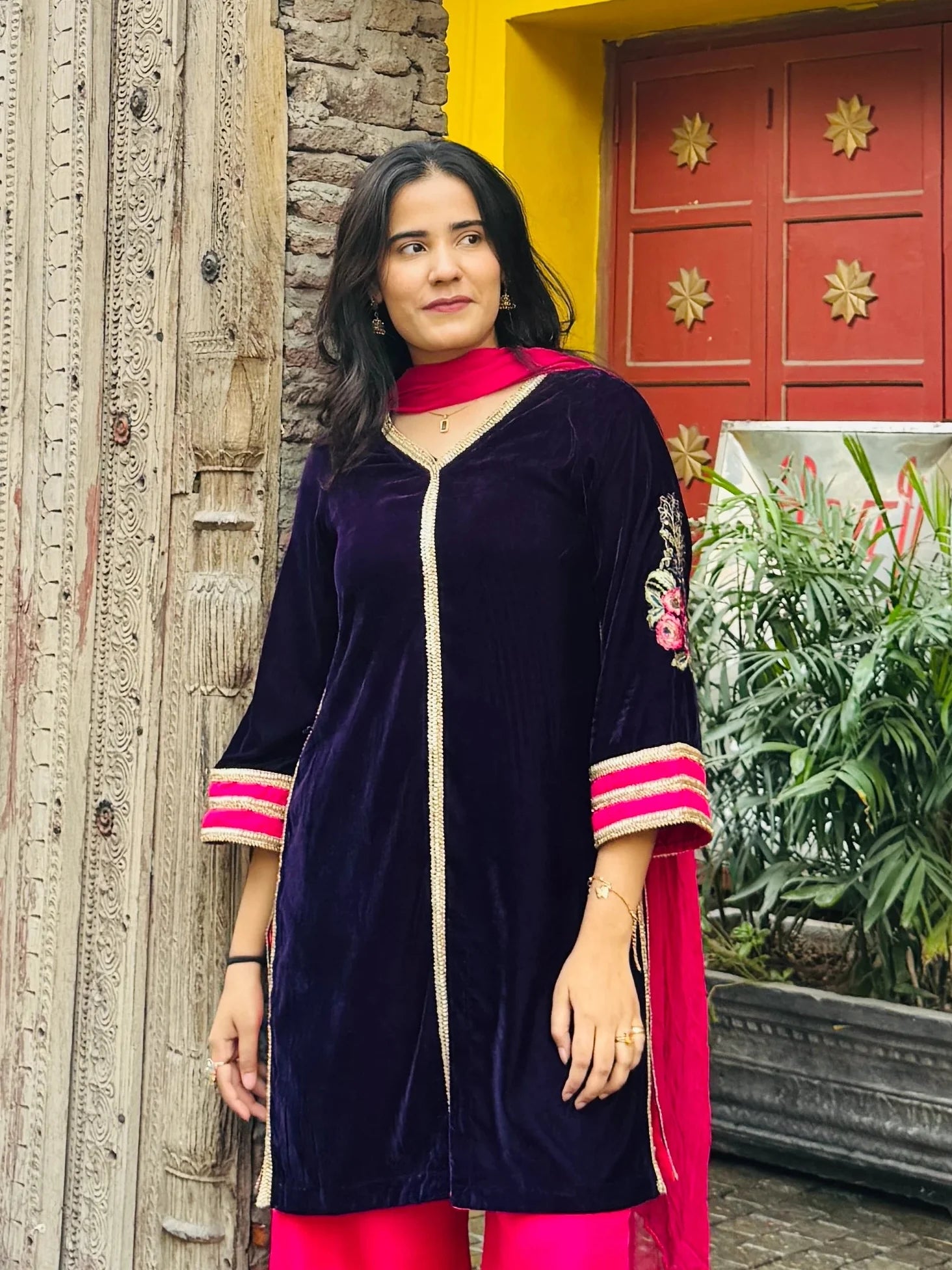 2-Piece Velvet Suit  with Raw Silk Trouser