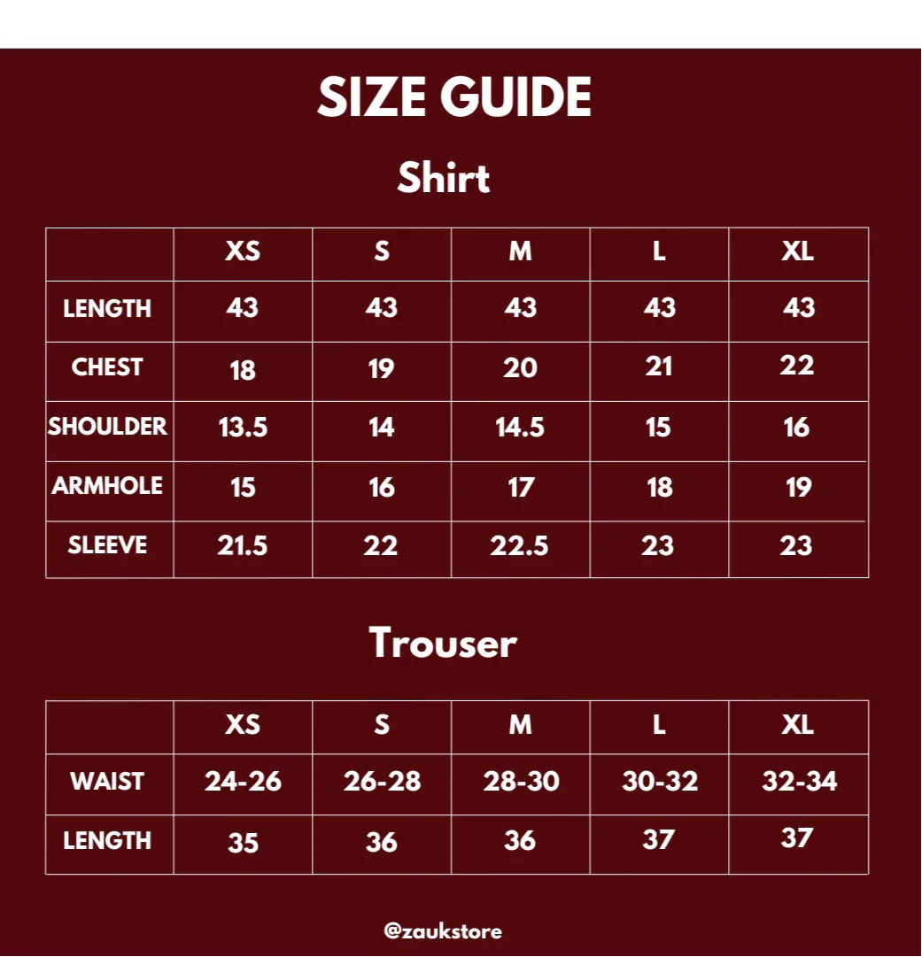 Size guide for shirts and trousers with measurements on a red background.