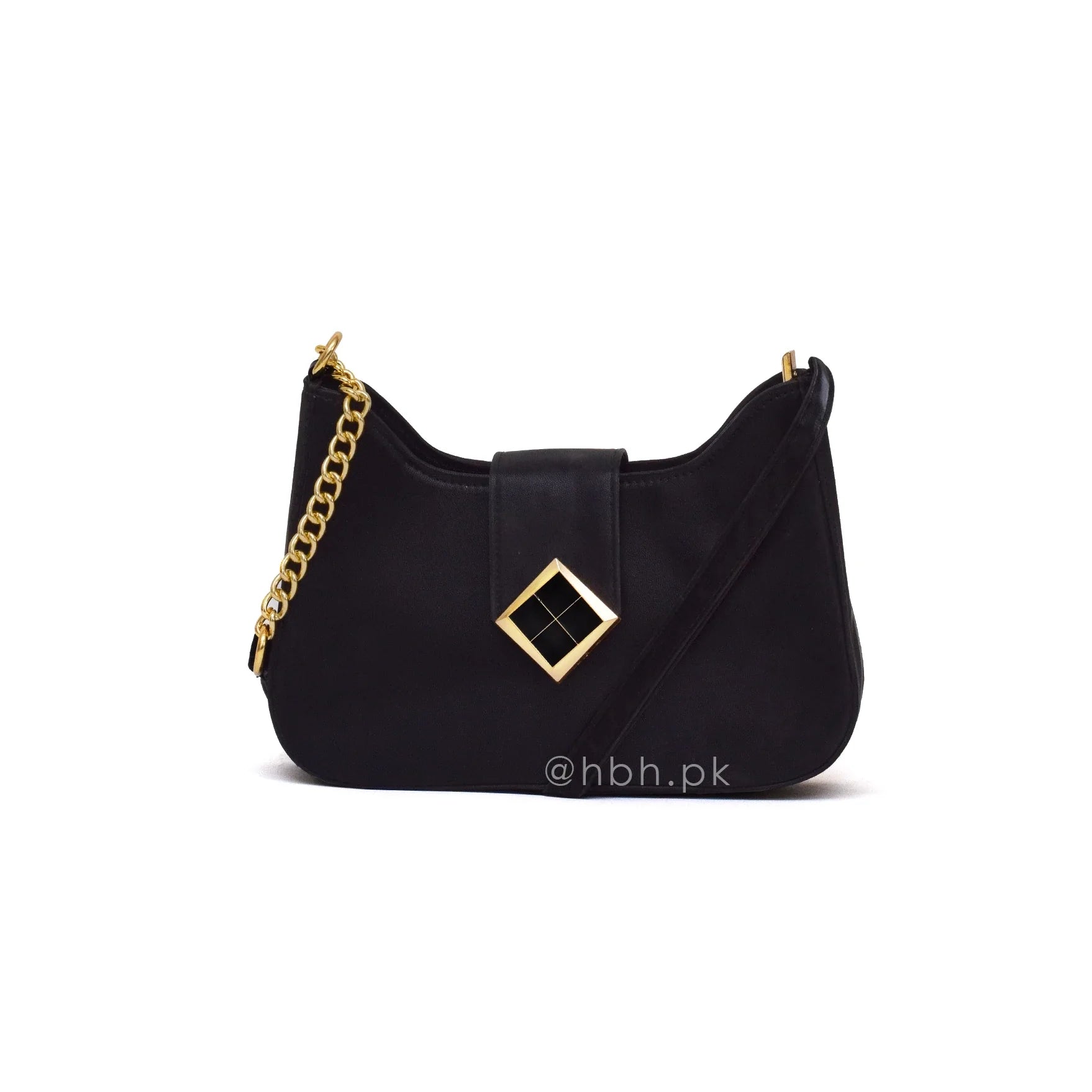 Black handbag with gold chain and decorative clasp on a white background