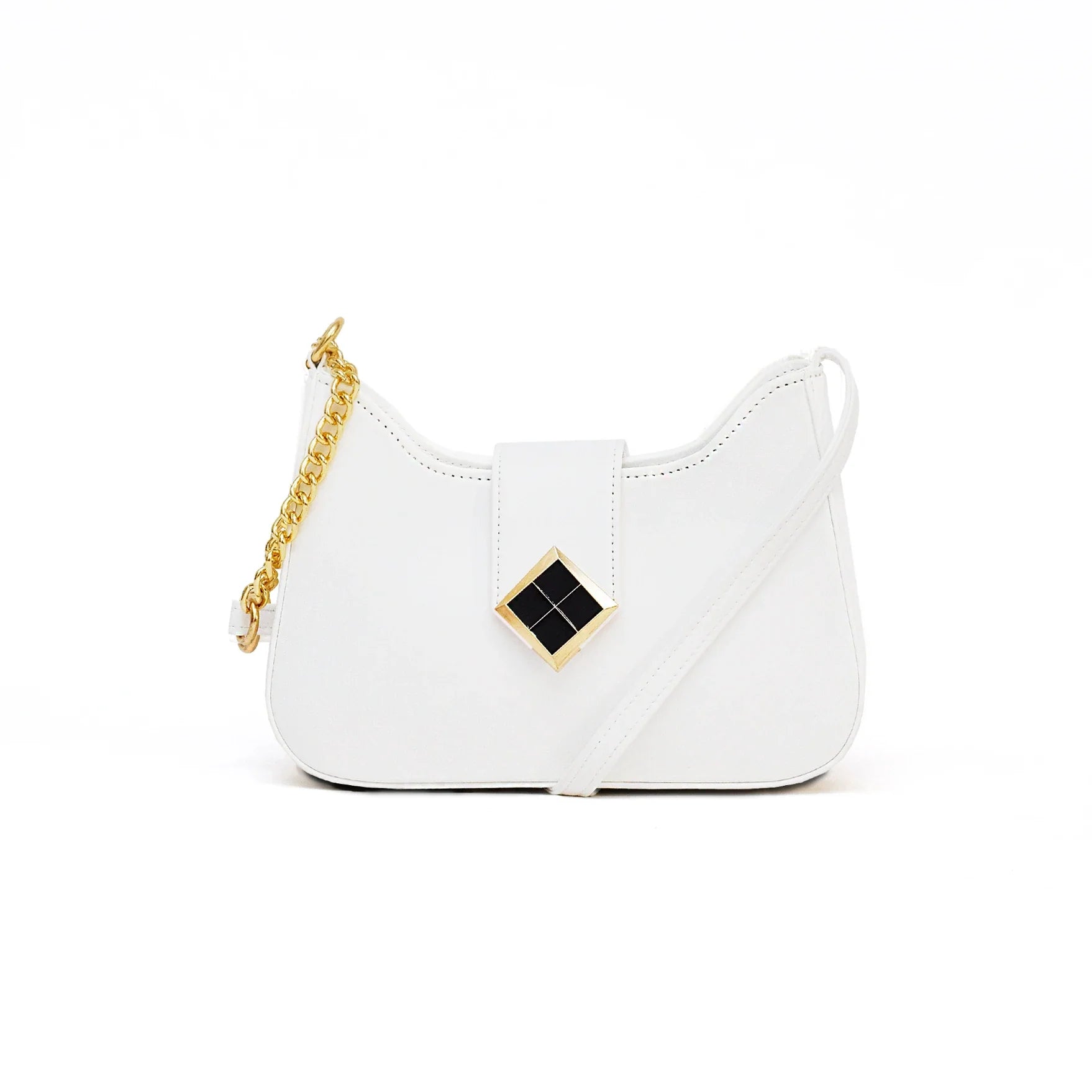 White handbag with a gold chain on a white background
