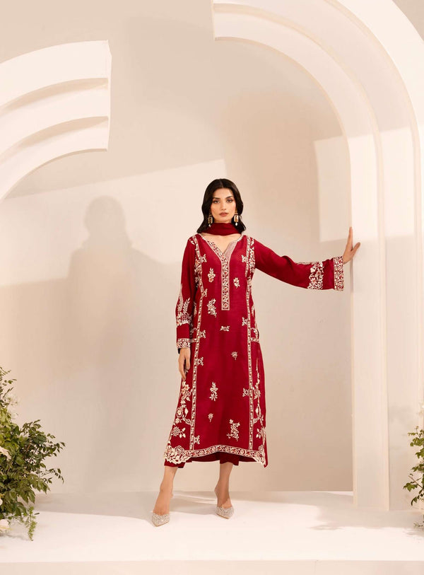 Red RoYal 3 Pc EMB - Tawakal Closet
