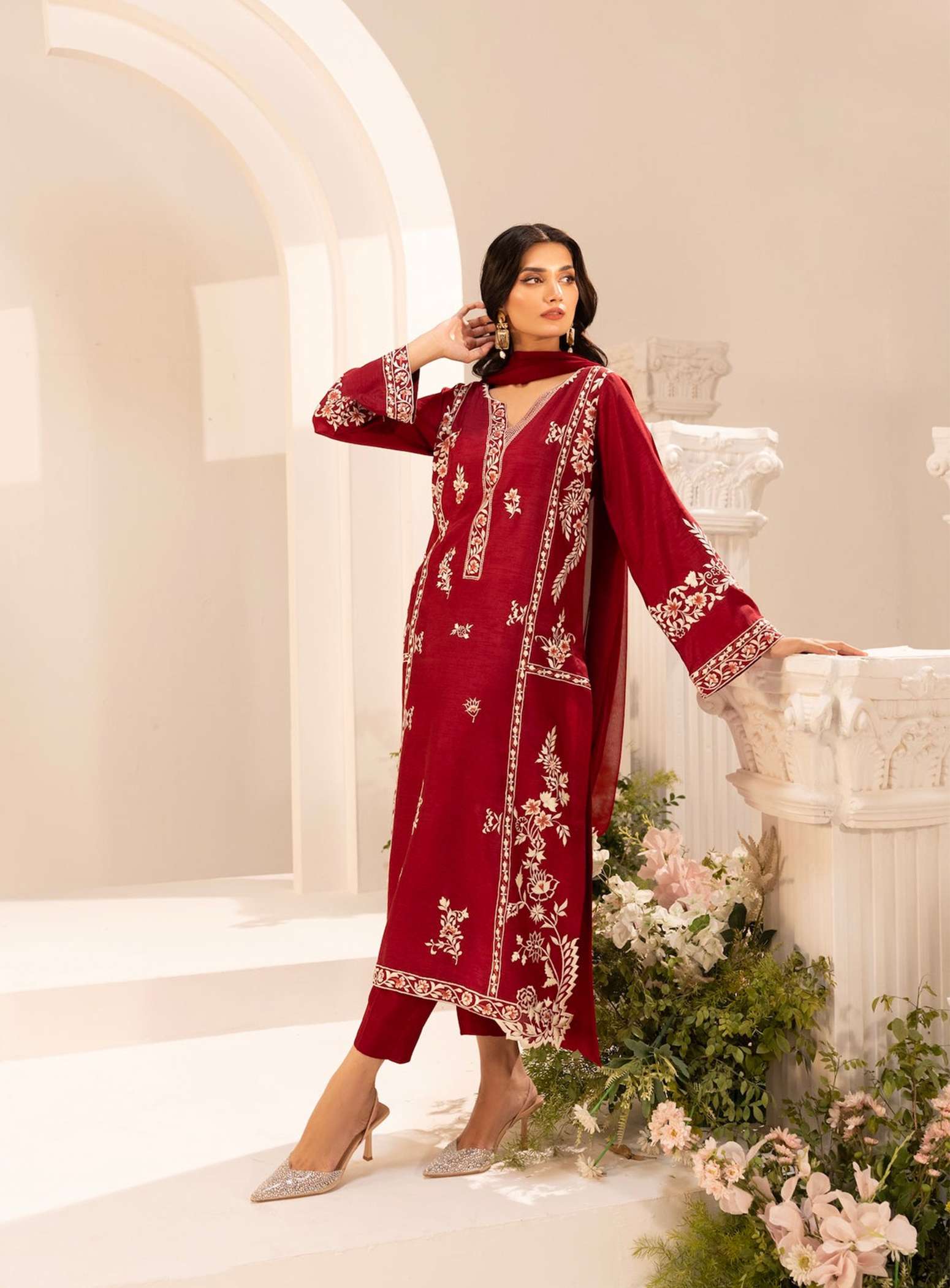 Red RoYal 3 Pc EMB - Tawakal Closet